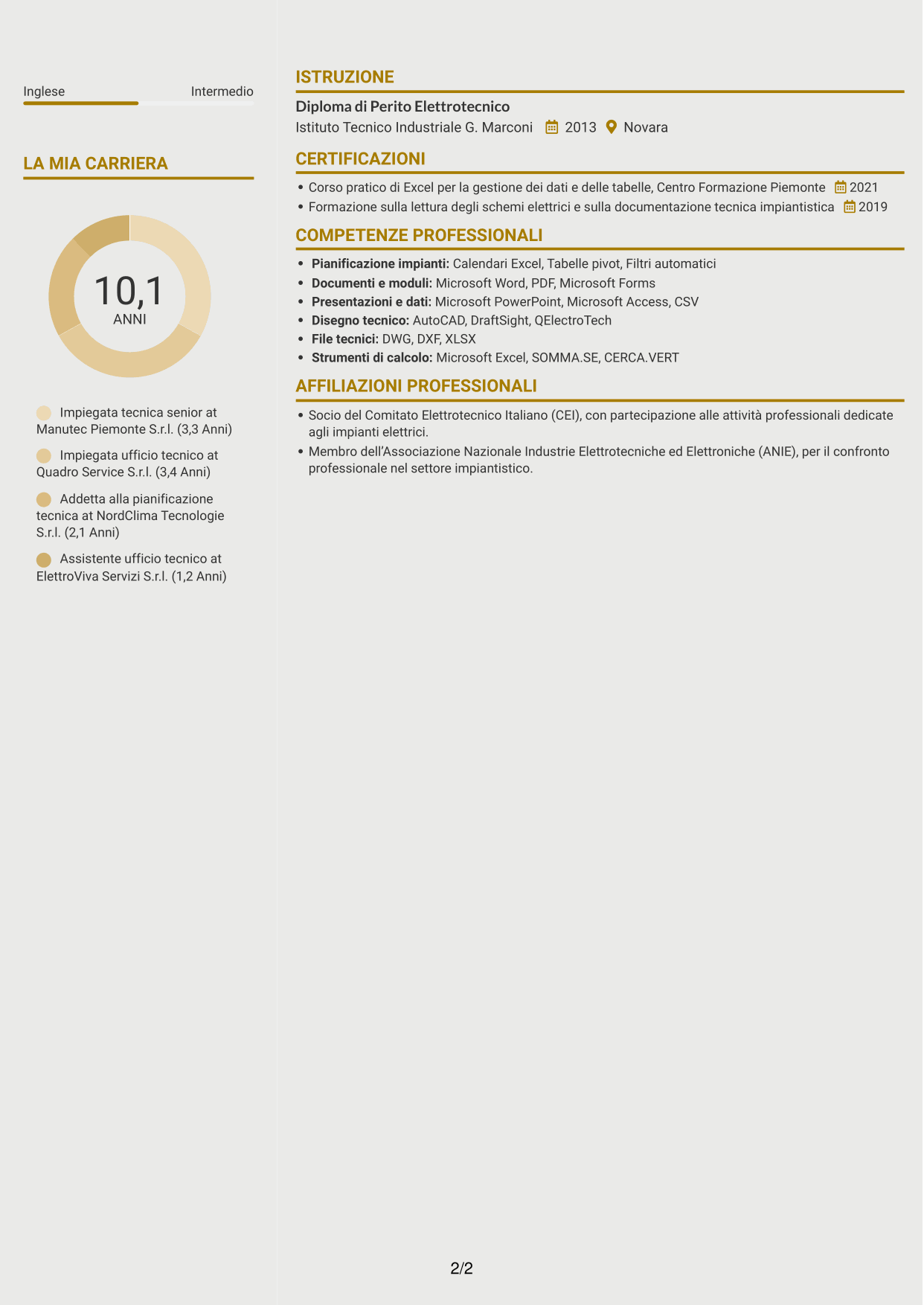 CV Dinamico (formato a due colonne con icone): Impiegato tecnico - Manutenzione impianti, pagina 2