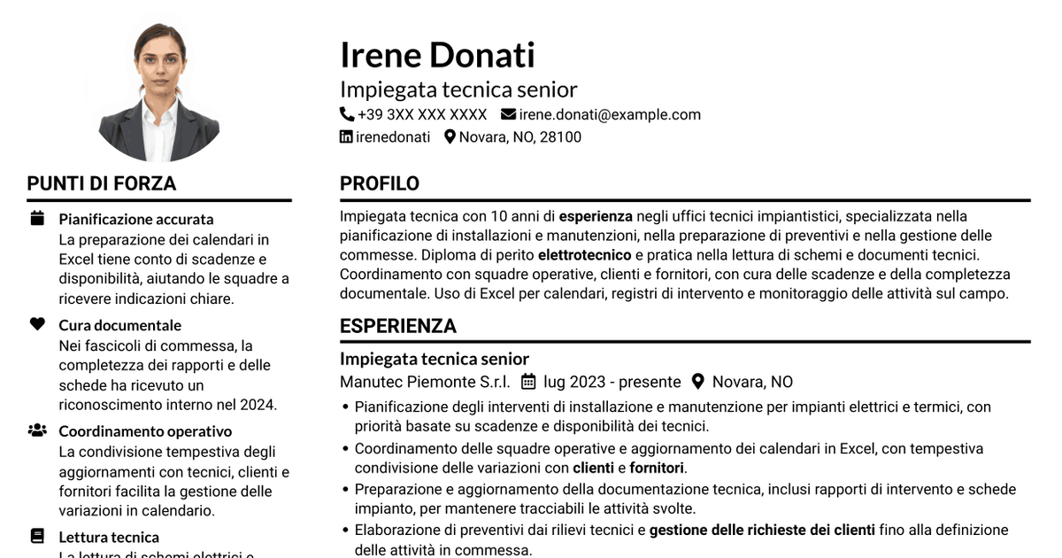 7 modelli di CV per Impiegato tecnico - Manutenzione impianti, con esempi