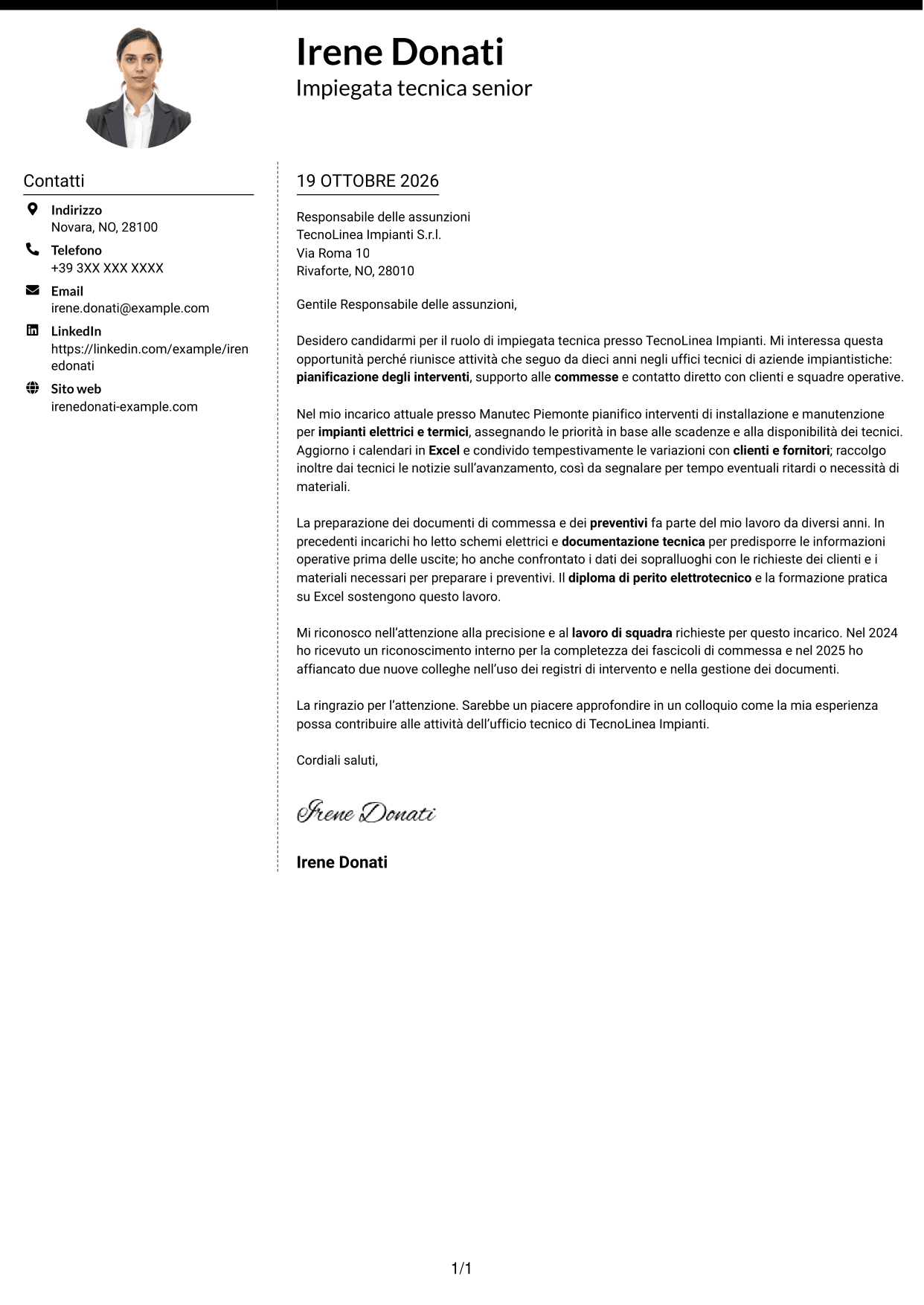 Lettera di presentazione Moderno (formato a due colonne con foto a sinistra e separatore): Impiegato tecnico - Manutenzione impianti, pagina 1