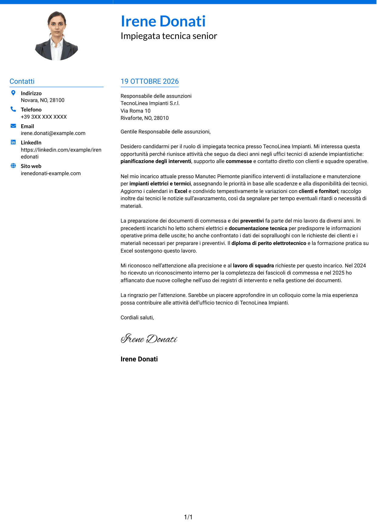 Lettera di presentazione Audace (formato a due colonne con accenti colorati e foto): Impiegato tecnico - Manutenzione impianti, pagina 1