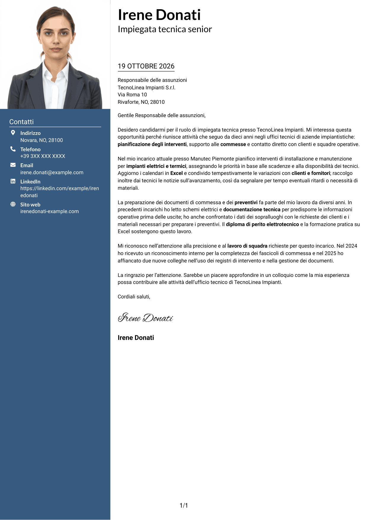Lettera di presentazione Signature (formato con colonna laterale colorata e foto grande): Impiegato tecnico - Manutenzione impianti, pagina 1