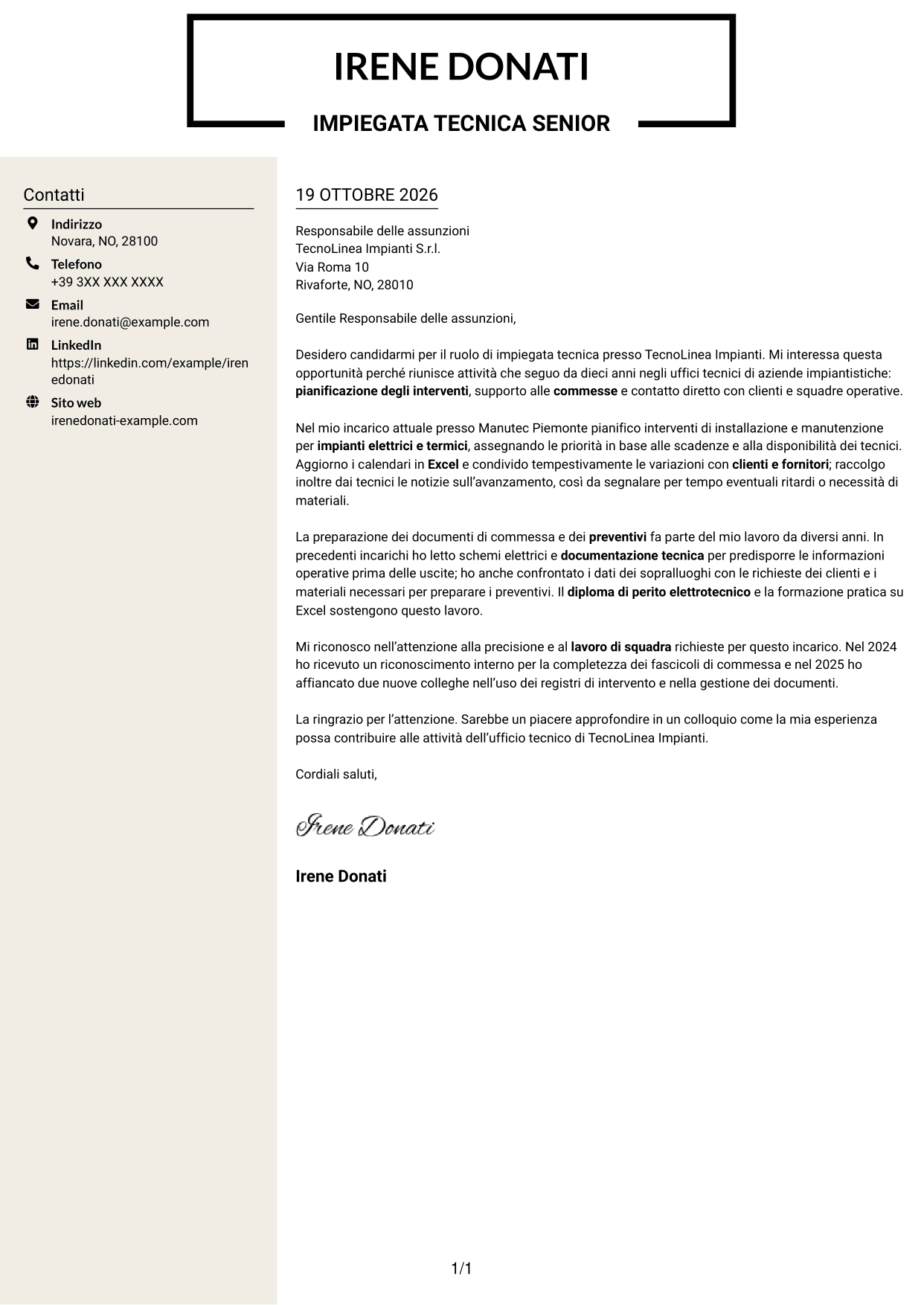 Lettera di presentazione Intraprendente (formato a due colonne con intestazione centrata senza foto): Impiegato tecnico - Manutenzione impianti, pagina 1