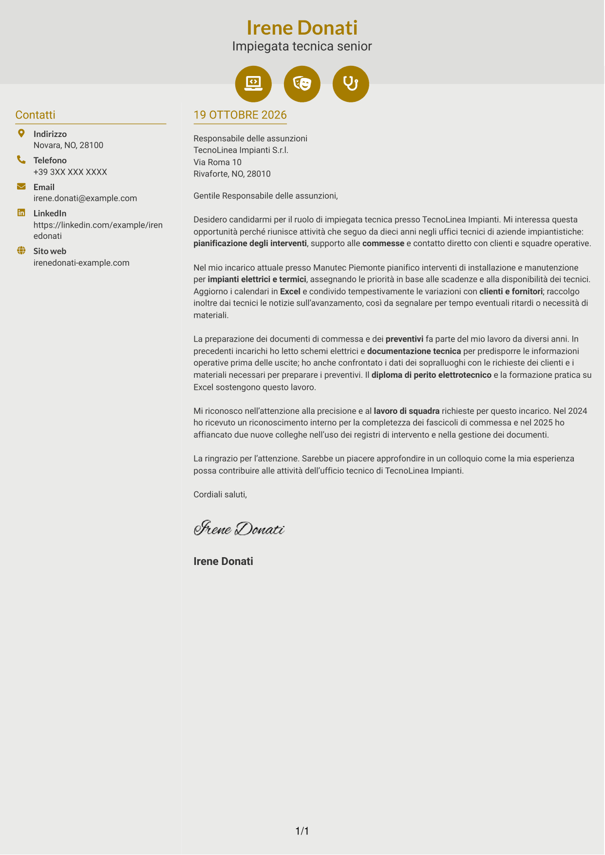 Lettera di presentazione Dinamico (formato a due colonne con icone): Impiegato tecnico - Manutenzione impianti, pagina 1