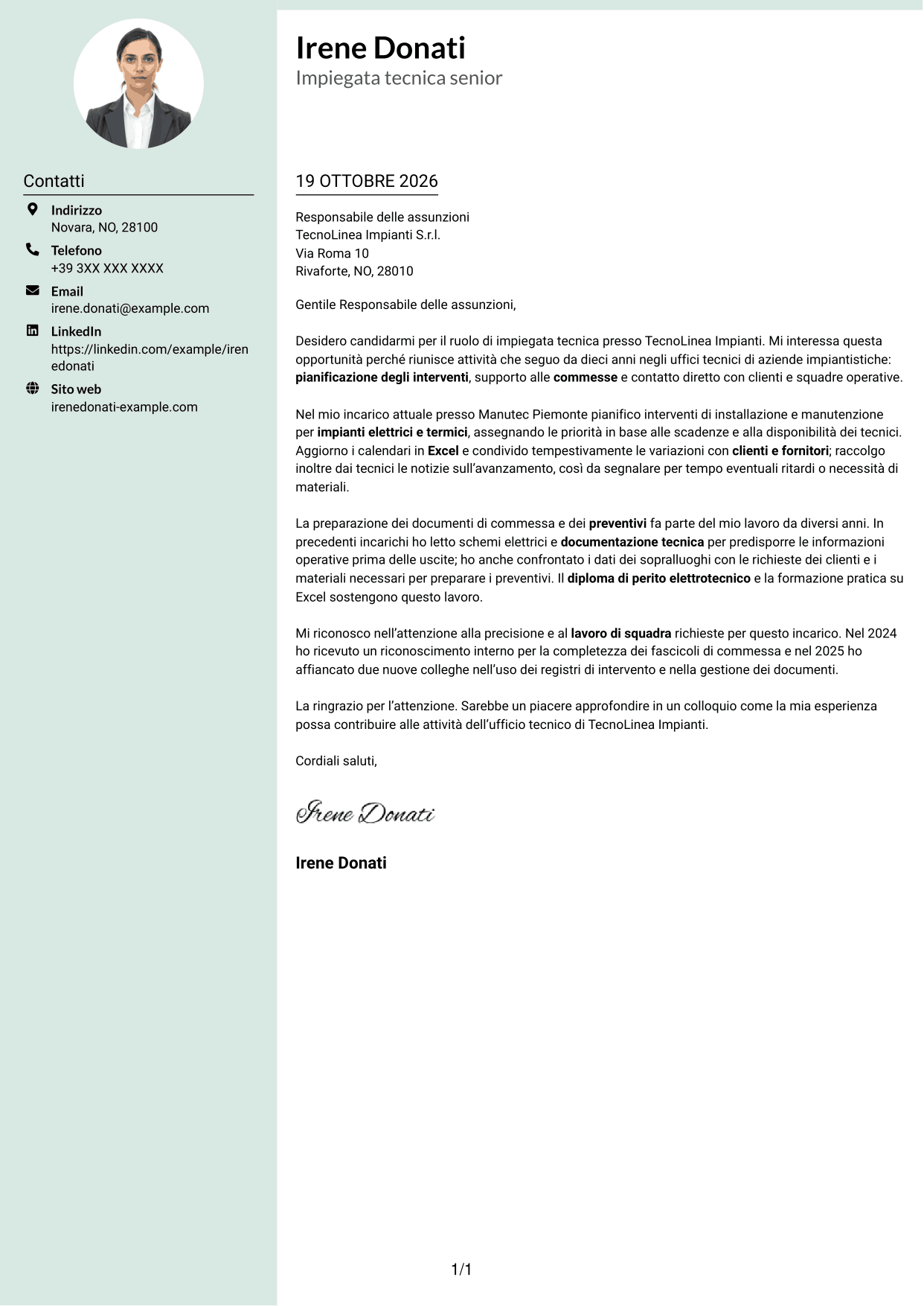 Lettera di presentazione Dirigente (formato con colonna laterale tenue e foto arrotondata): Impiegato tecnico - Manutenzione impianti, pagina 1