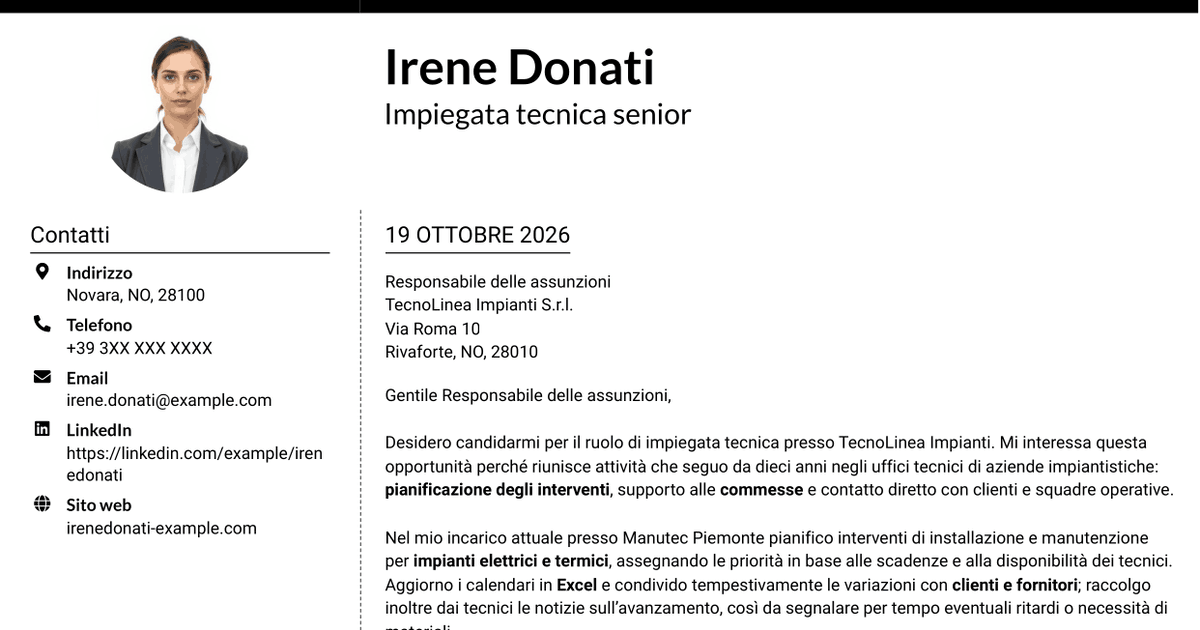 7 modelli di lettera di presentazione per Impiegato tecnico - Manutenzione impianti, con esempi