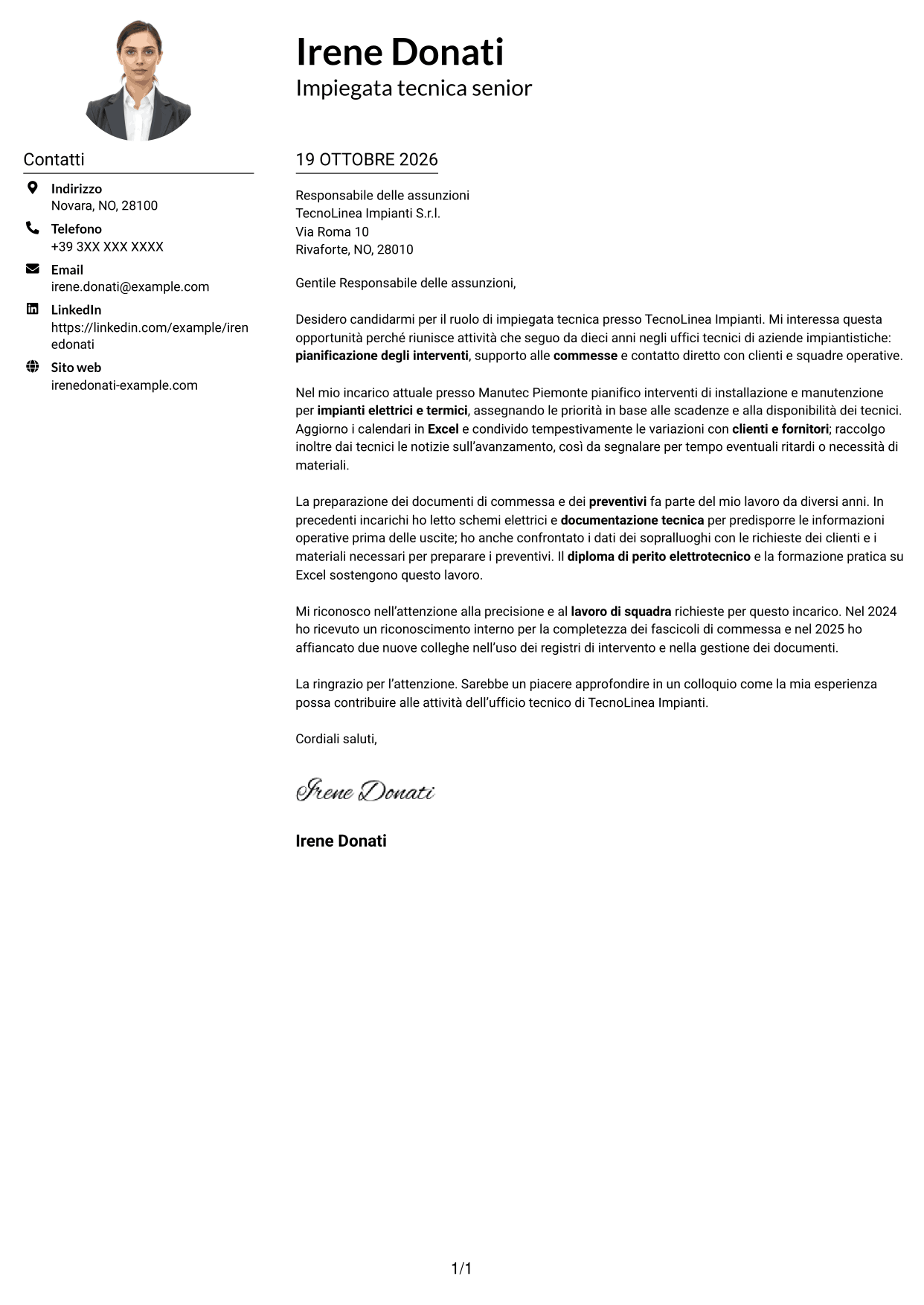 Esempio di lettera di presentazione — pagina 1