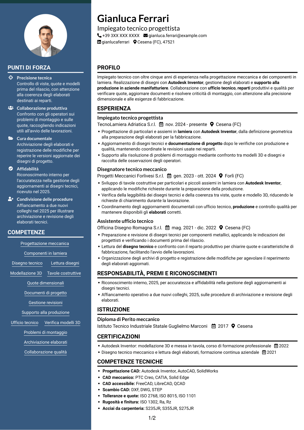 CV Elegante (formato con colonna laterale colorata e foto): Impiegato tecnico - Progettazione lamiera, pagina 1