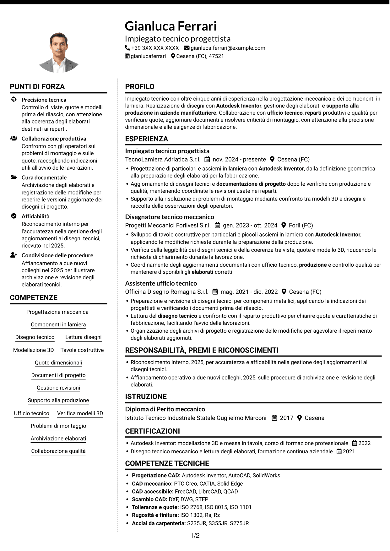 CV Moderno (formato a due colonne con foto a sinistra e separatore): Impiegato tecnico - Progettazione lamiera, pagina 1