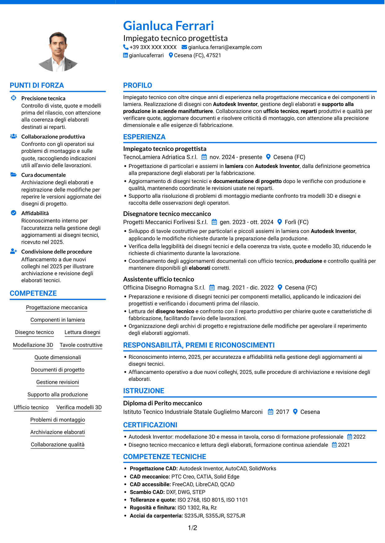 CV Audace (formato a due colonne con accenti colorati e foto): Impiegato tecnico - Progettazione lamiera, pagina 1