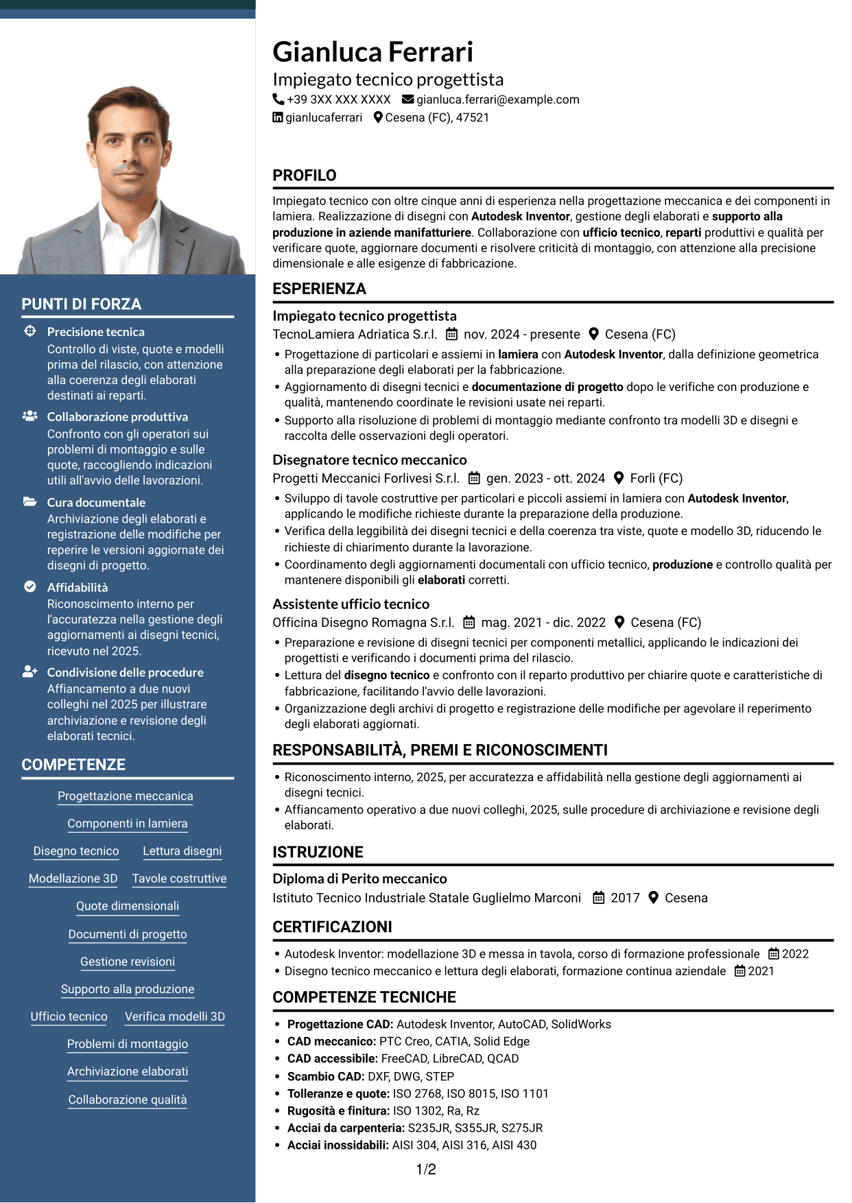 CV Signature (formato con colonna laterale colorata e foto grande): Impiegato tecnico - Progettazione lamiera, pagina 1