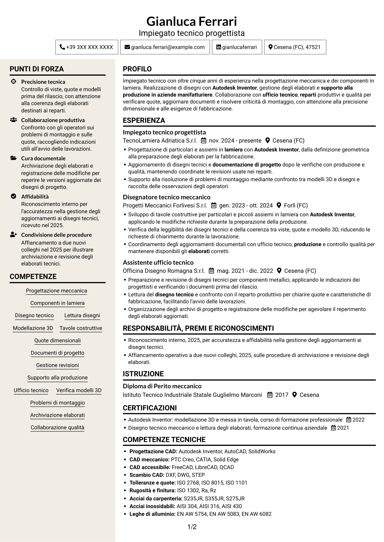 CV Intraprendente (formato a due colonne con intestazione centrata senza foto): Impiegato tecnico - Progettazione lamiera, pagina 1