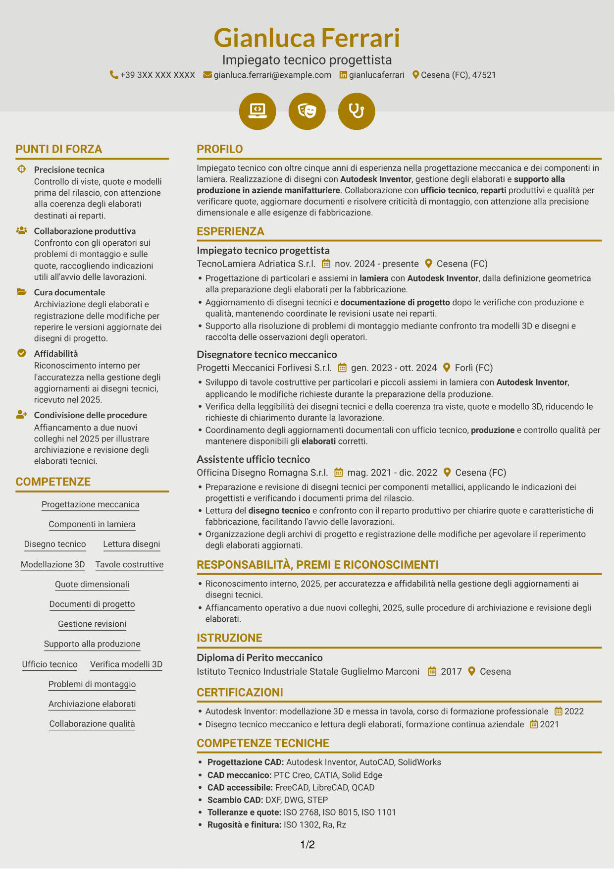CV Dinamico (formato a due colonne con icone): Impiegato tecnico - Progettazione lamiera, pagina 1