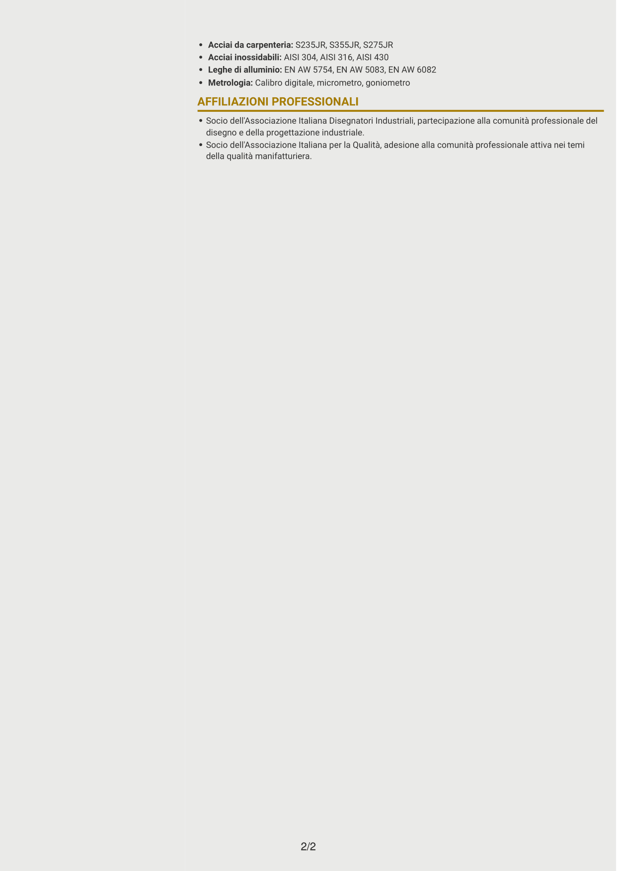 CV Dinamico (formato a due colonne con icone): Impiegato tecnico - Progettazione lamiera, pagina 2