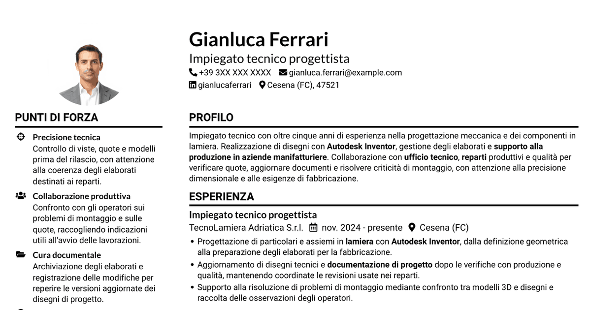 7 modelli di CV per Impiegato tecnico - Progettazione lamiera, con esempi