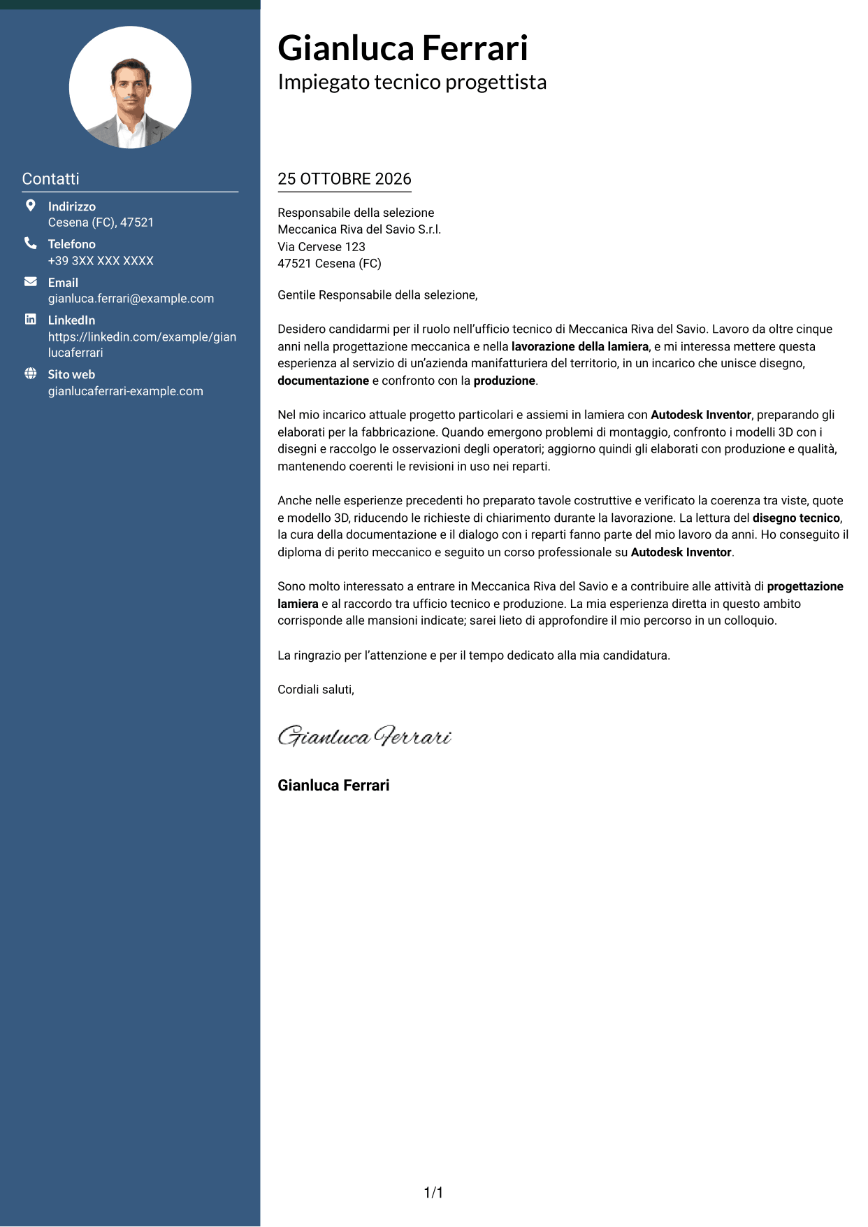 Lettera di presentazione Elegante (formato con colonna laterale colorata e foto): Impiegato tecnico - Progettazione lamiera, pagina 1