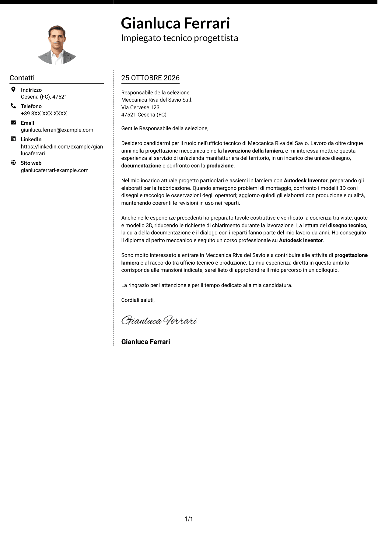 Lettera di presentazione Moderno (formato a due colonne con foto a sinistra e separatore): Impiegato tecnico - Progettazione lamiera, pagina 1