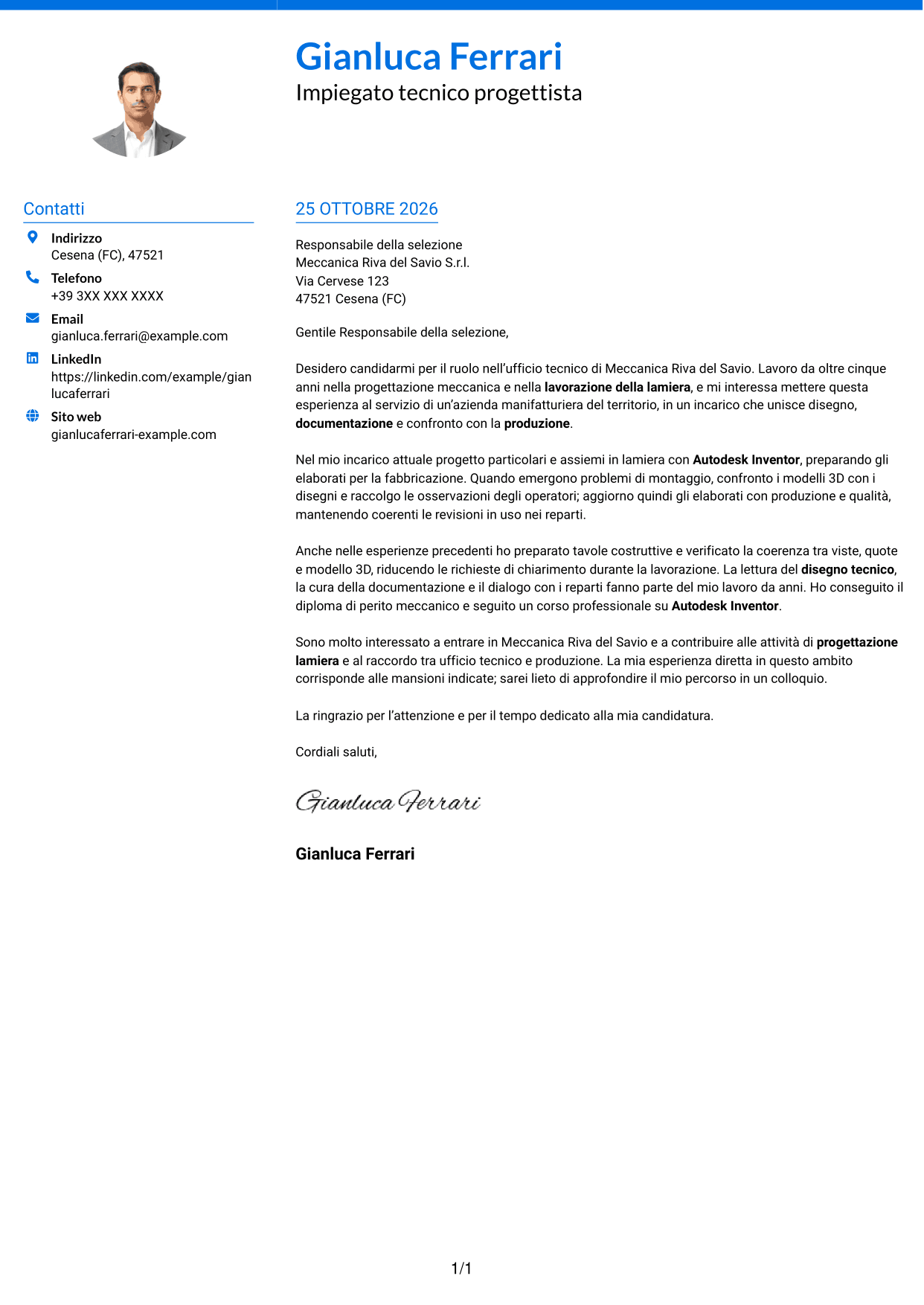 Lettera di presentazione Audace (formato a due colonne con accenti colorati e foto): Impiegato tecnico - Progettazione lamiera, pagina 1