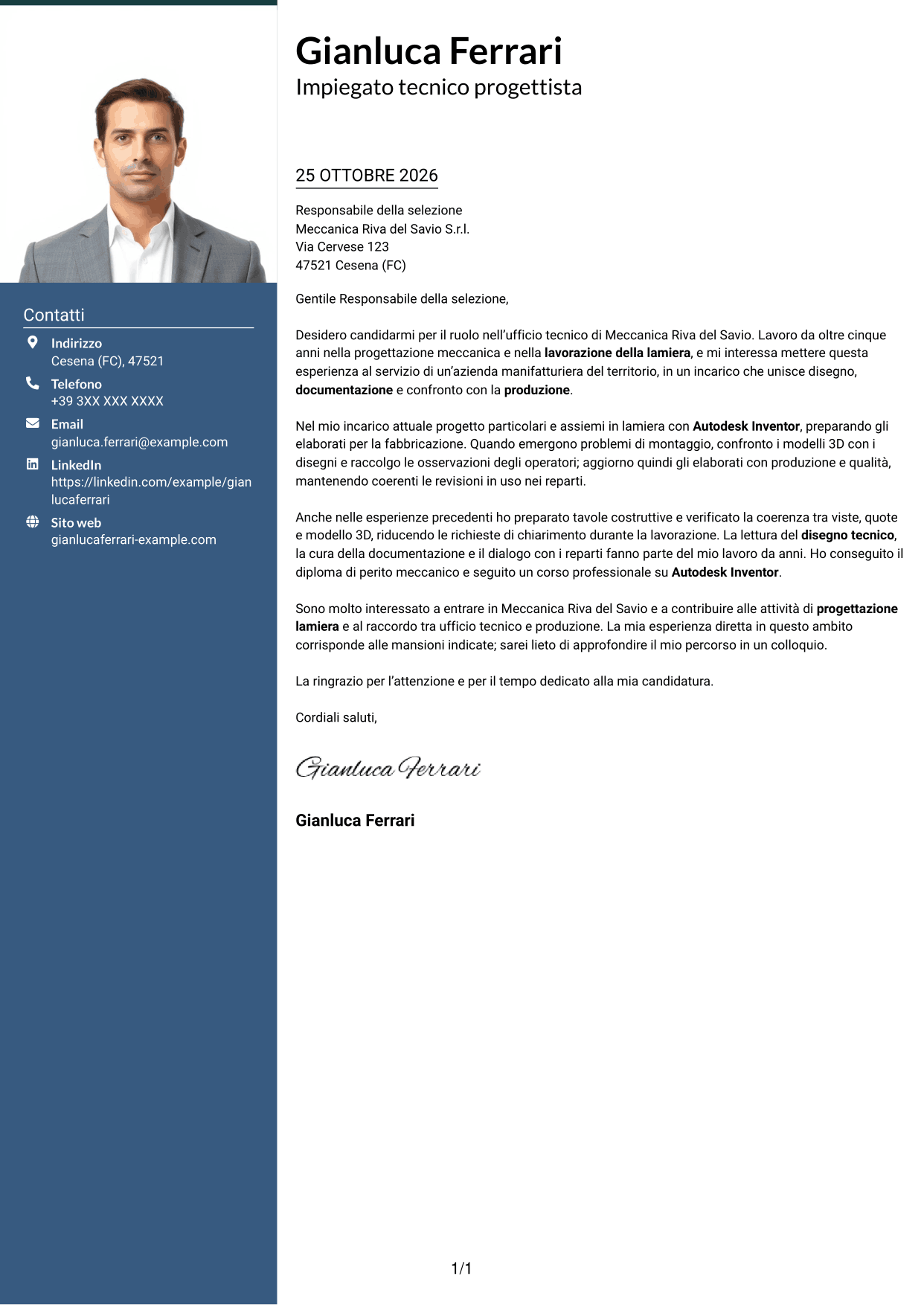Lettera di presentazione Signature (formato con colonna laterale colorata e foto grande): Impiegato tecnico - Progettazione lamiera, pagina 1