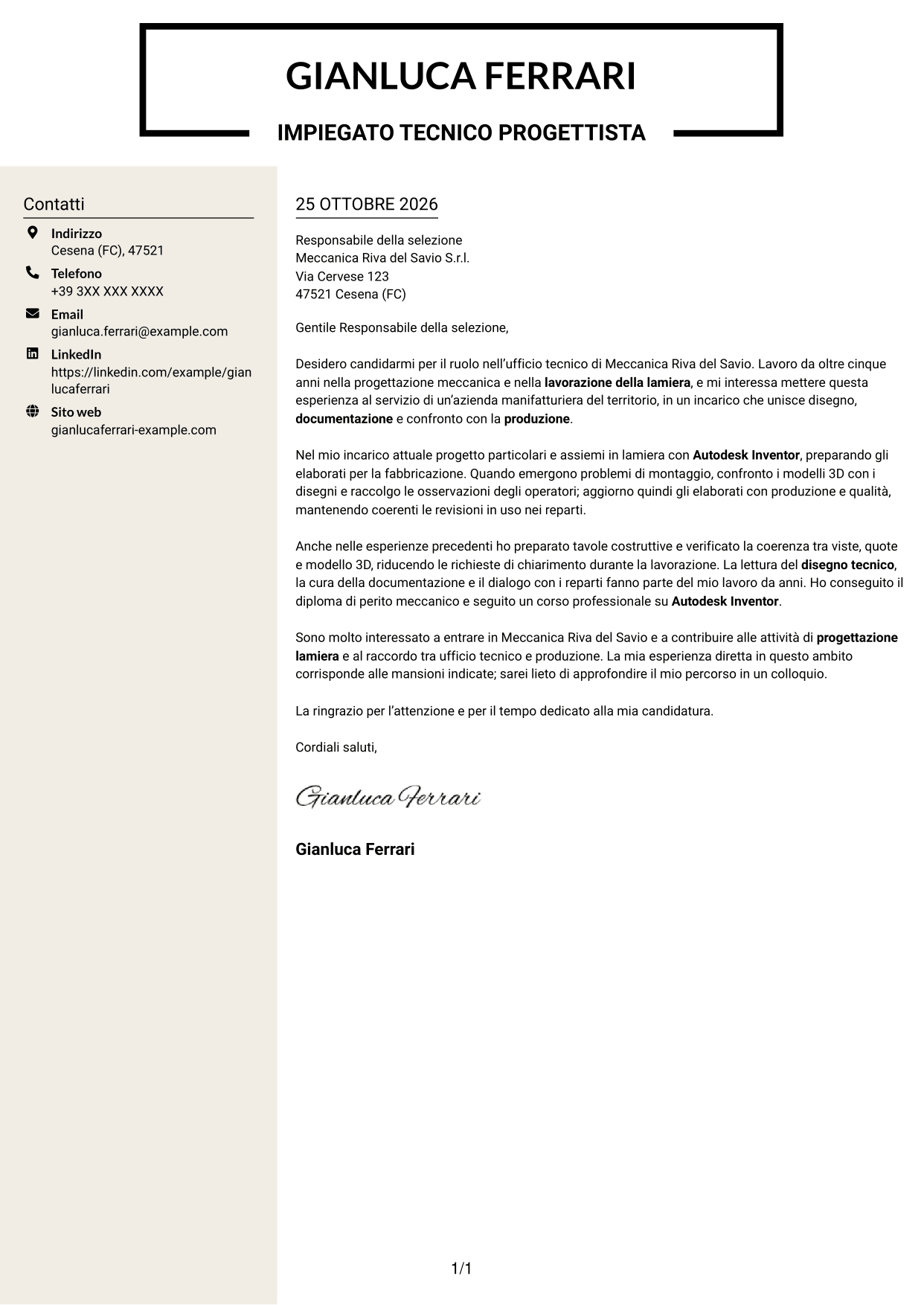 Lettera di presentazione Intraprendente (formato a due colonne con intestazione centrata senza foto): Impiegato tecnico - Progettazione lamiera, pagina 1