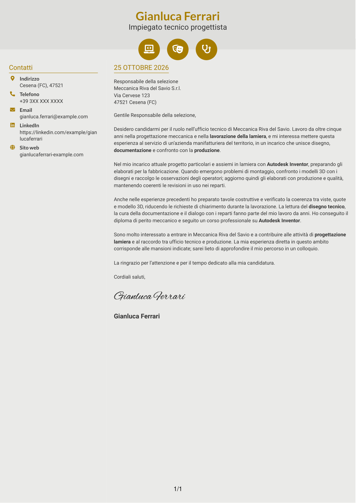 Lettera di presentazione Dinamico (formato a due colonne con icone): Impiegato tecnico - Progettazione lamiera, pagina 1