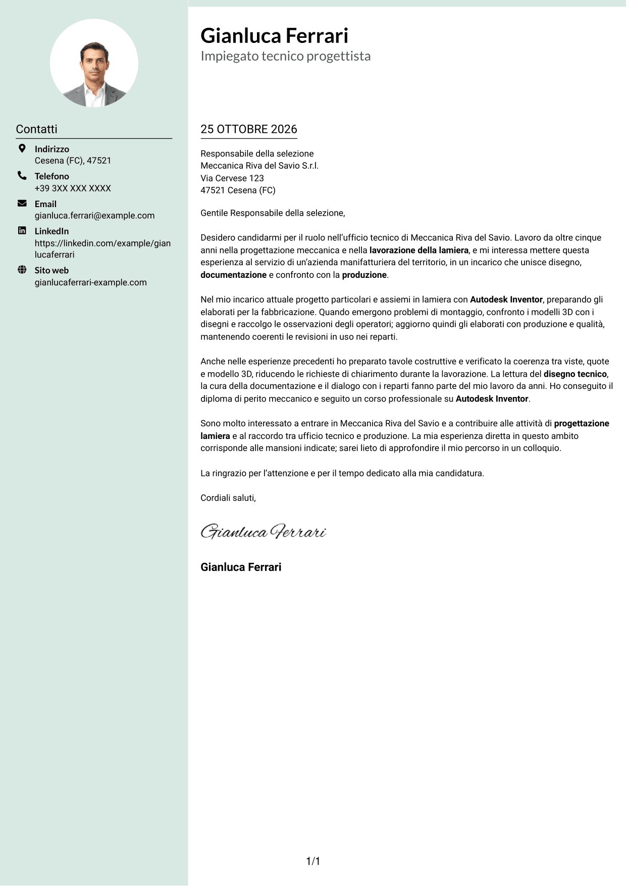 Lettera di presentazione Dirigente (formato con colonna laterale tenue e foto arrotondata): Impiegato tecnico - Progettazione lamiera, pagina 1