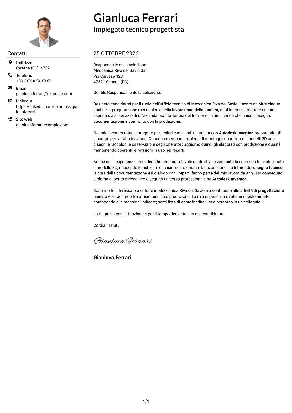 Esempio di lettera di presentazione — pagina 1