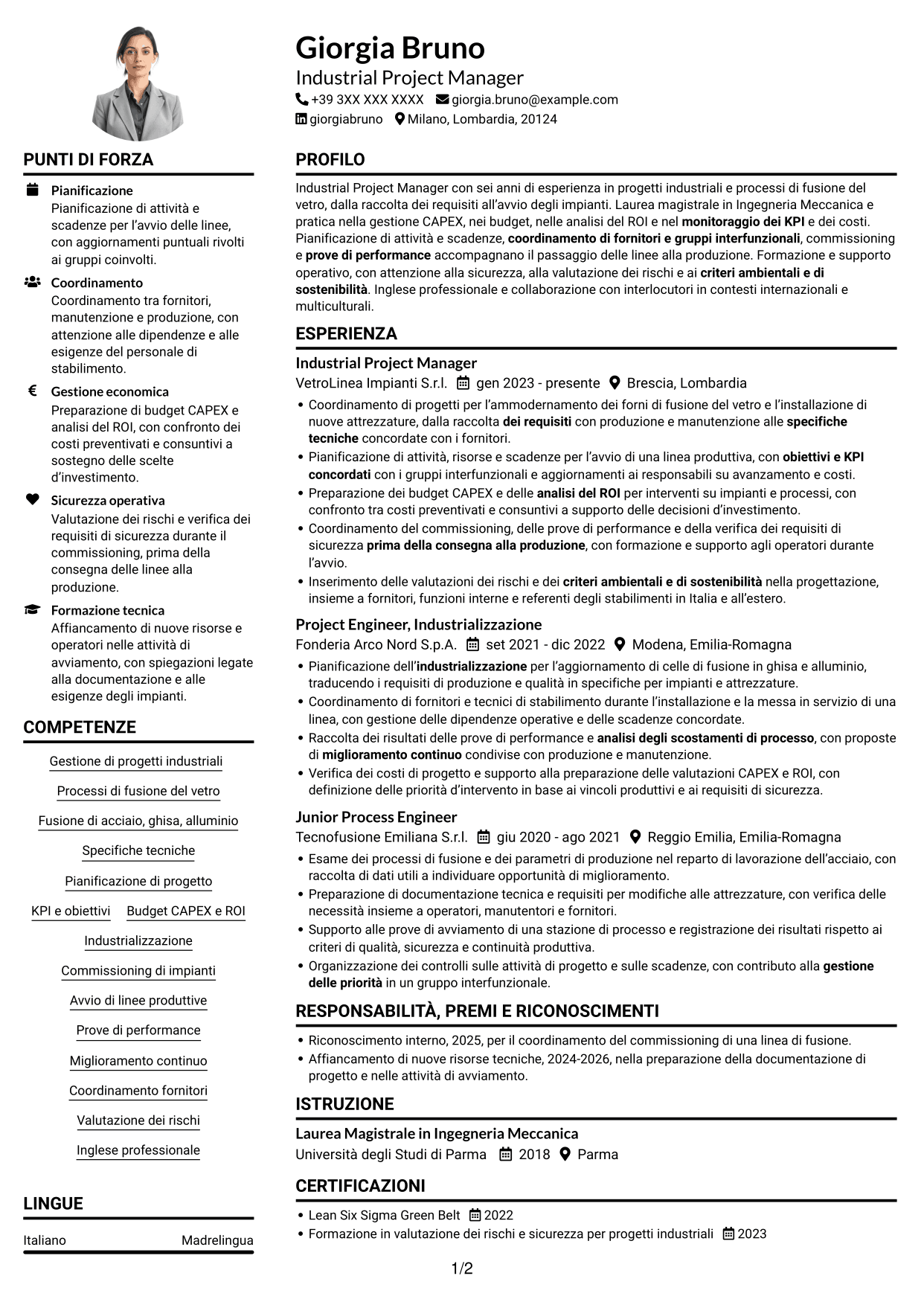 Esempio di curriculum — pagina 1