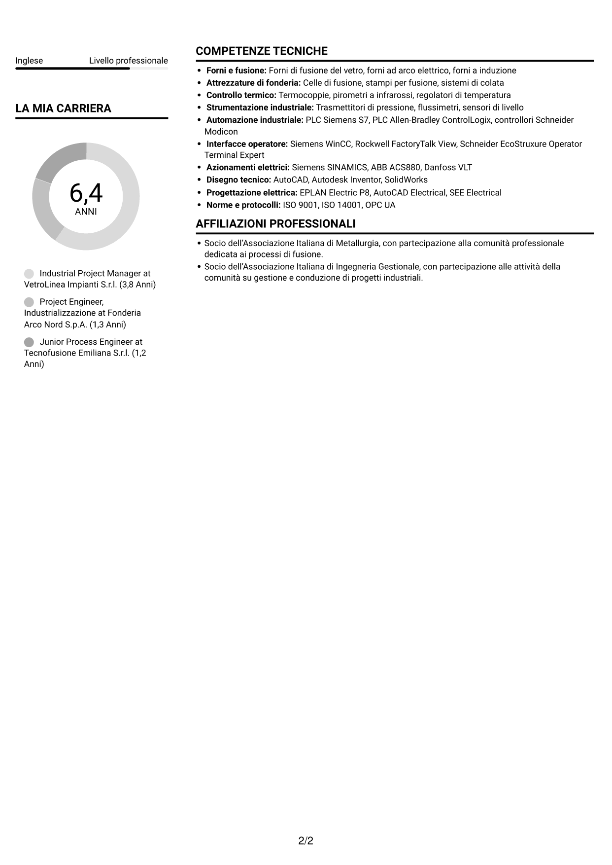 CV Compatto (formato sobrio a due colonne con foto): Industrial Project Manager - Processi di fusione, pagina 2