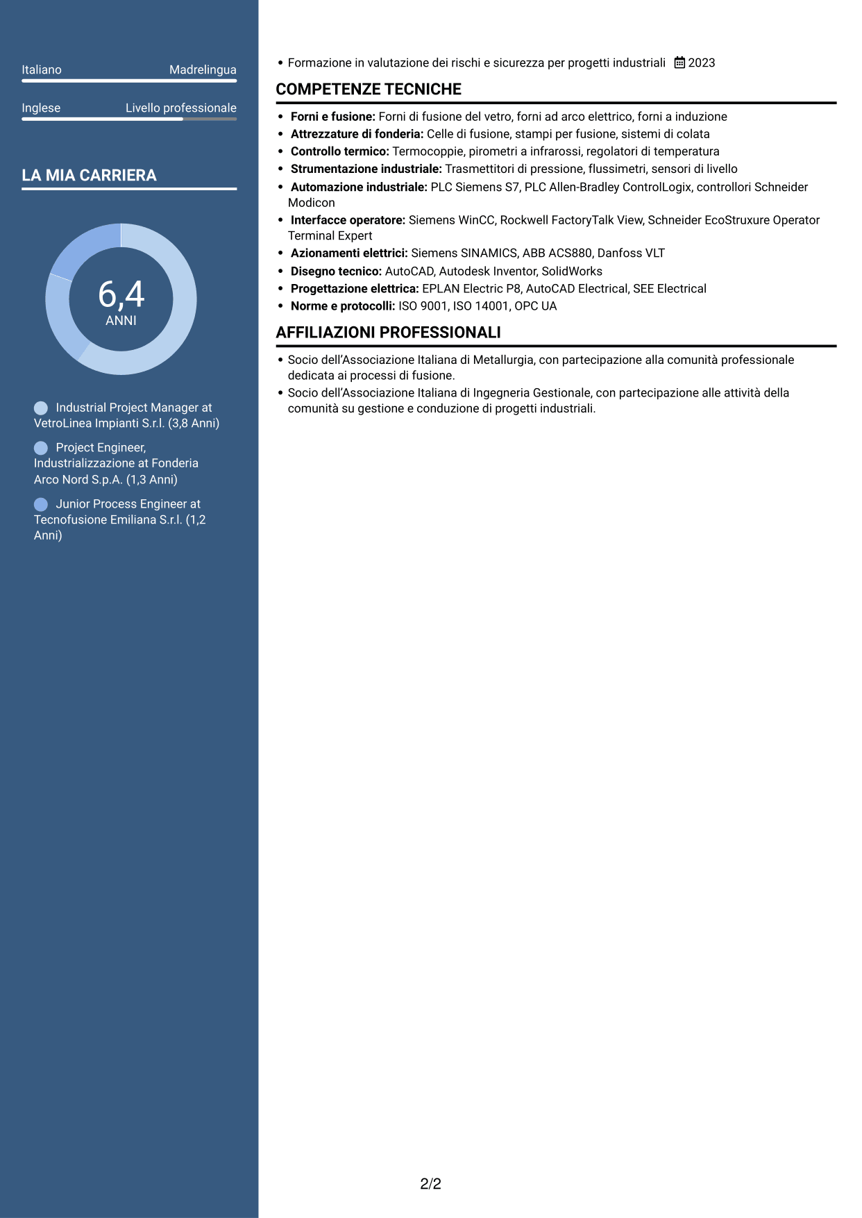 CV Elegante (formato con colonna laterale colorata e foto): Industrial Project Manager - Processi di fusione, pagina 2