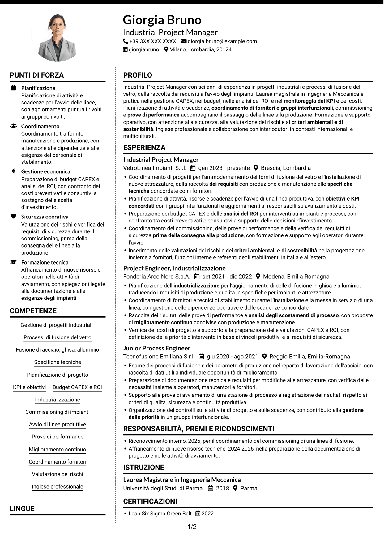 CV Moderno (formato a due colonne con foto a sinistra e separatore): Industrial Project Manager - Processi di fusione, pagina 1