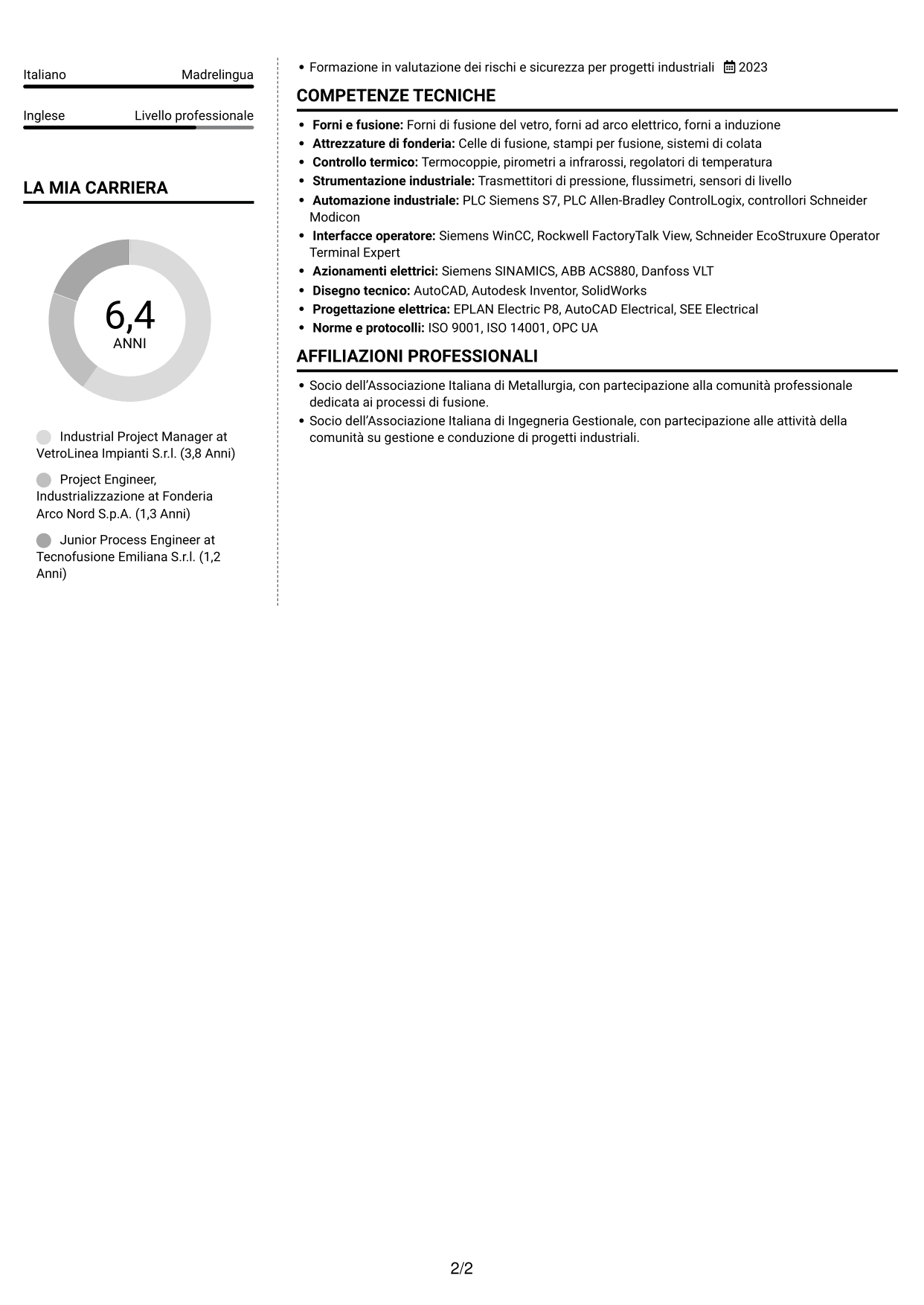 CV Moderno (formato a due colonne con foto a sinistra e separatore): Industrial Project Manager - Processi di fusione, pagina 2