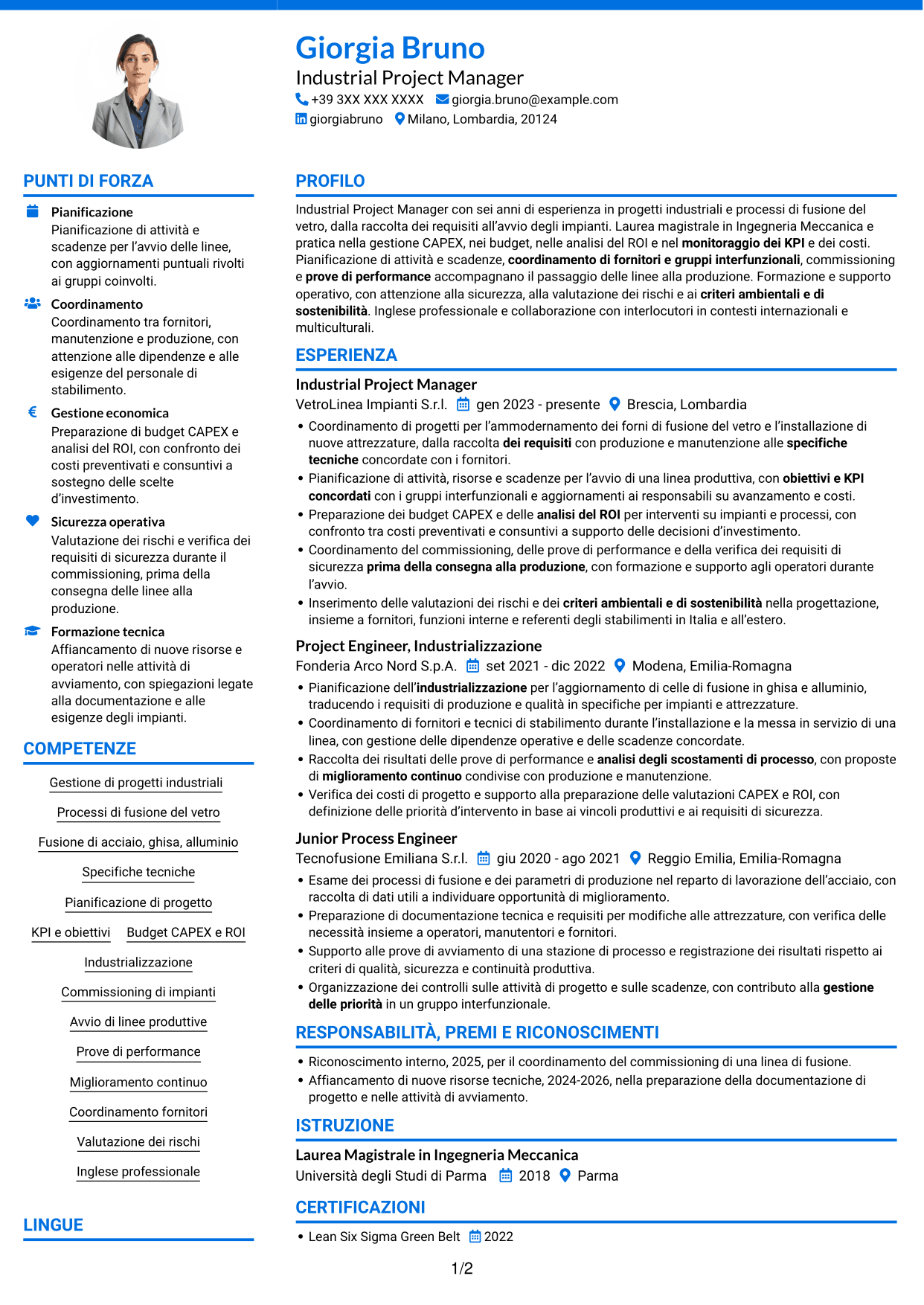 CV Audace (formato a due colonne con accenti colorati e foto): Industrial Project Manager - Processi di fusione, pagina 1