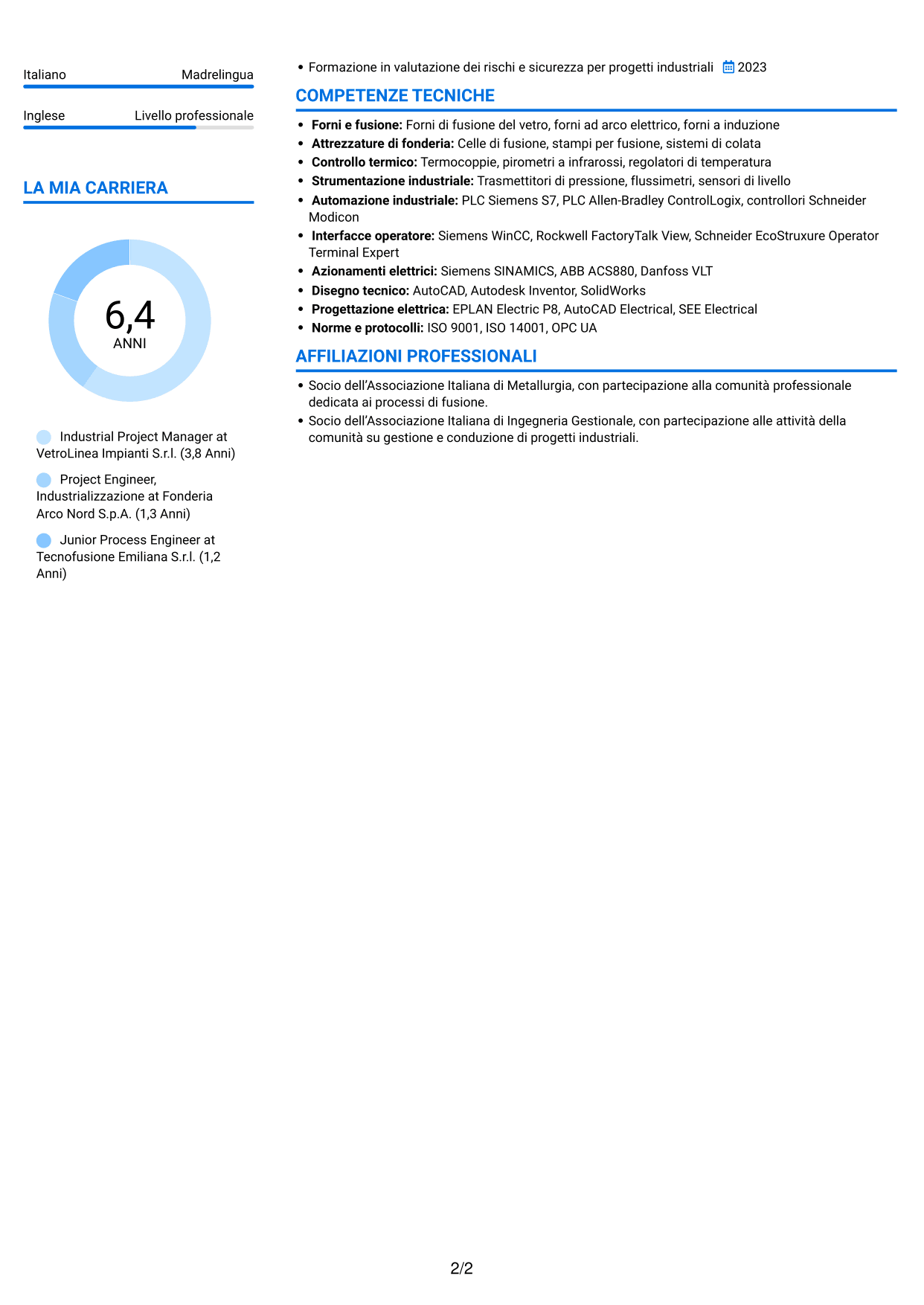 CV Audace (formato a due colonne con accenti colorati e foto): Industrial Project Manager - Processi di fusione, pagina 2
