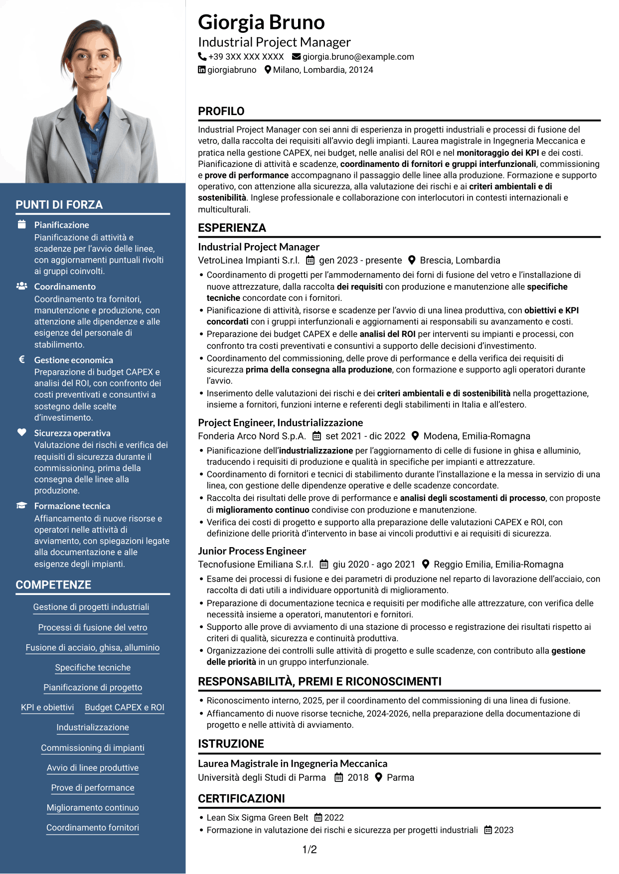 CV Signature (formato con colonna laterale colorata e foto grande): Industrial Project Manager - Processi di fusione, pagina 1
