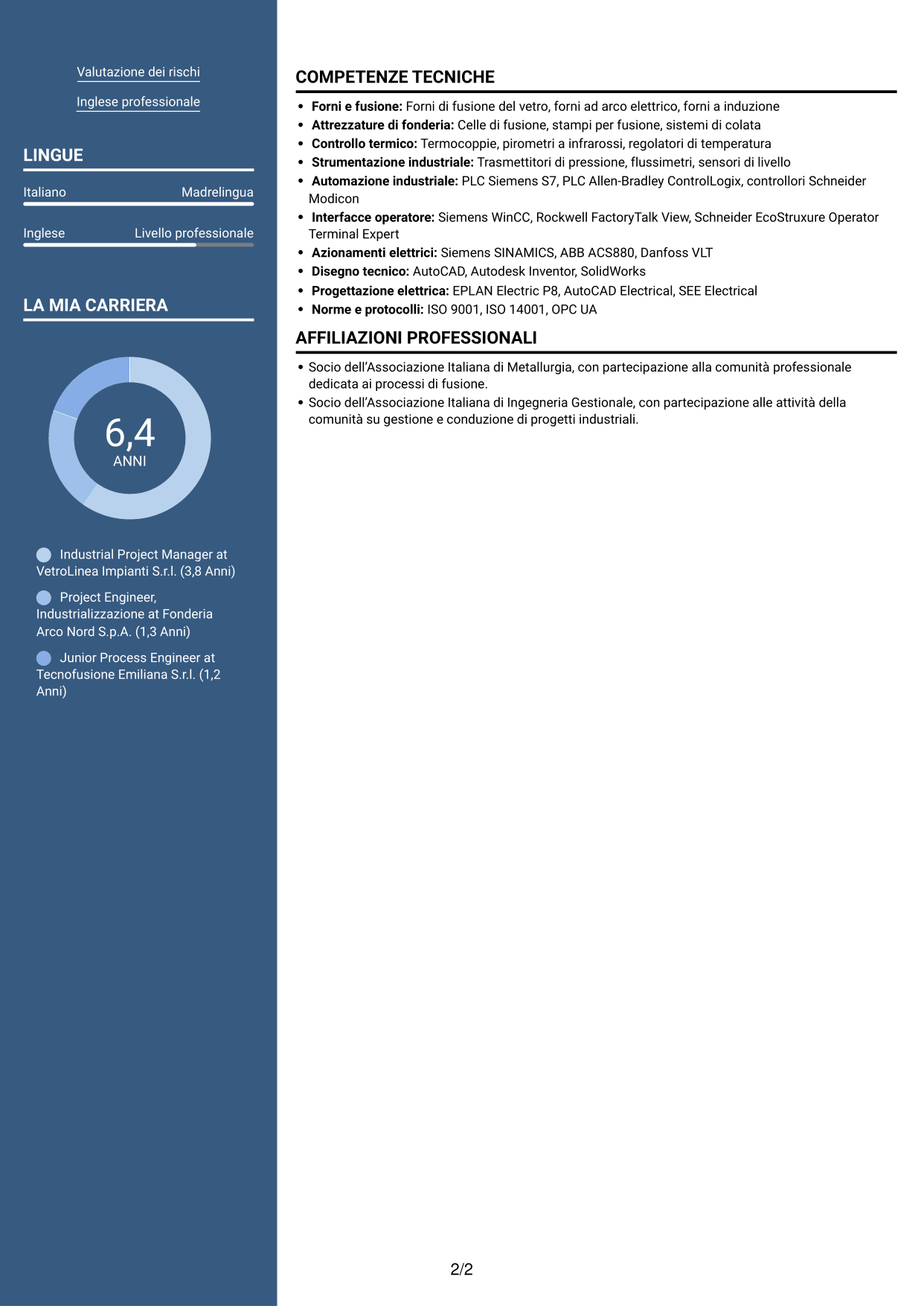 CV Signature (formato con colonna laterale colorata e foto grande): Industrial Project Manager - Processi di fusione, pagina 2