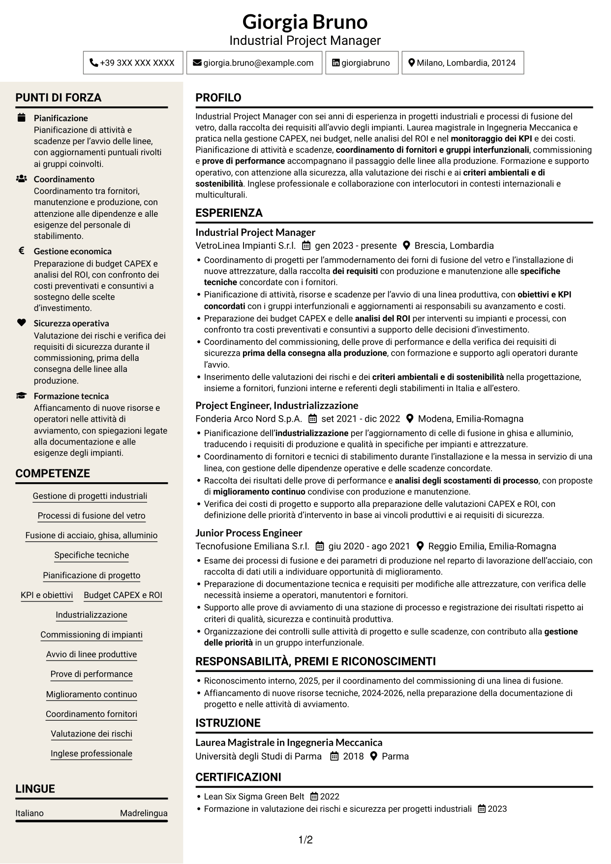 CV Intraprendente (formato a due colonne con intestazione centrata senza foto): Industrial Project Manager - Processi di fusione, pagina 1