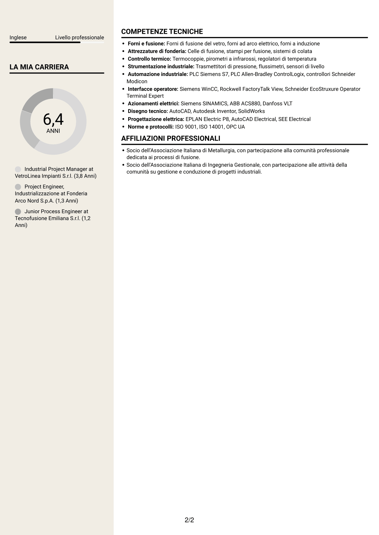 CV Intraprendente (formato a due colonne con intestazione centrata senza foto): Industrial Project Manager - Processi di fusione, pagina 2