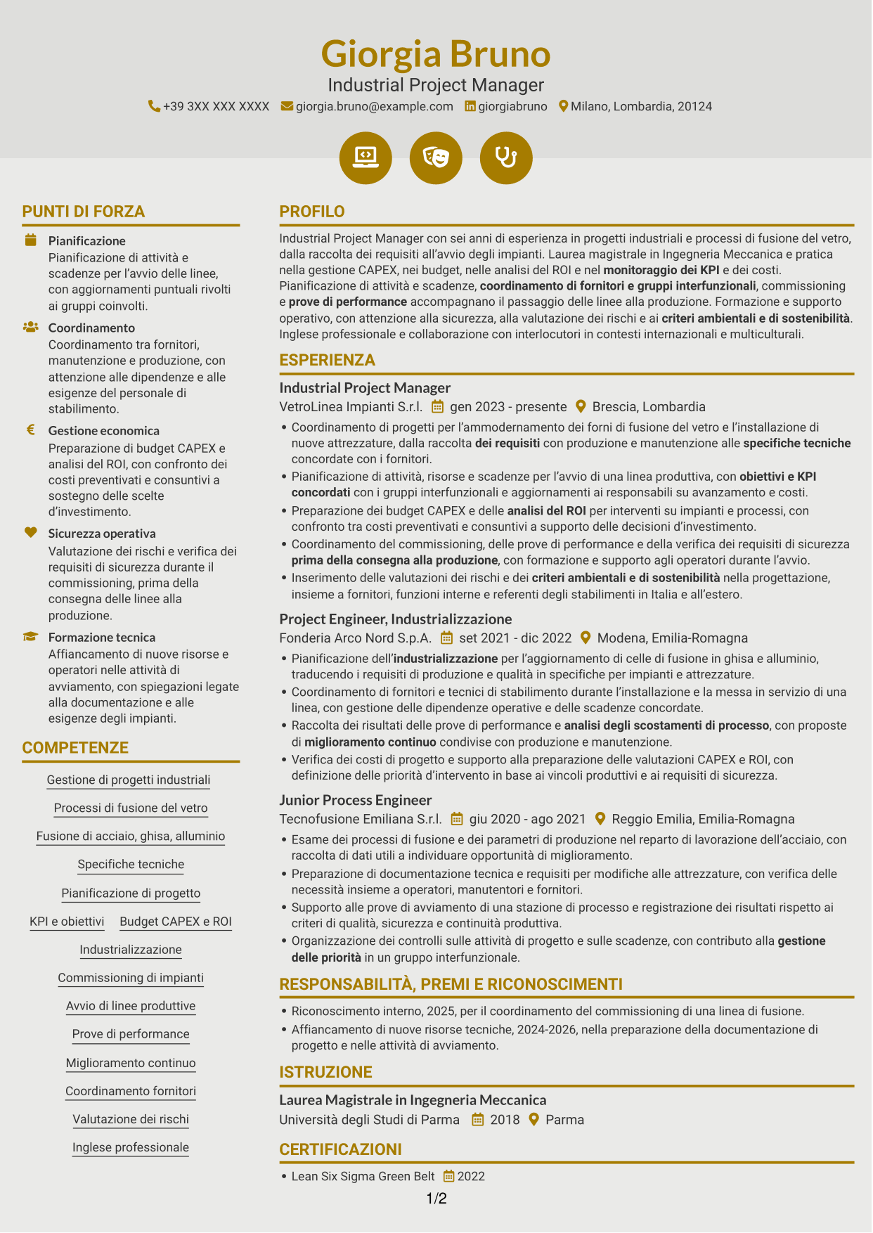 CV Dinamico (formato a due colonne con icone): Industrial Project Manager - Processi di fusione, pagina 1