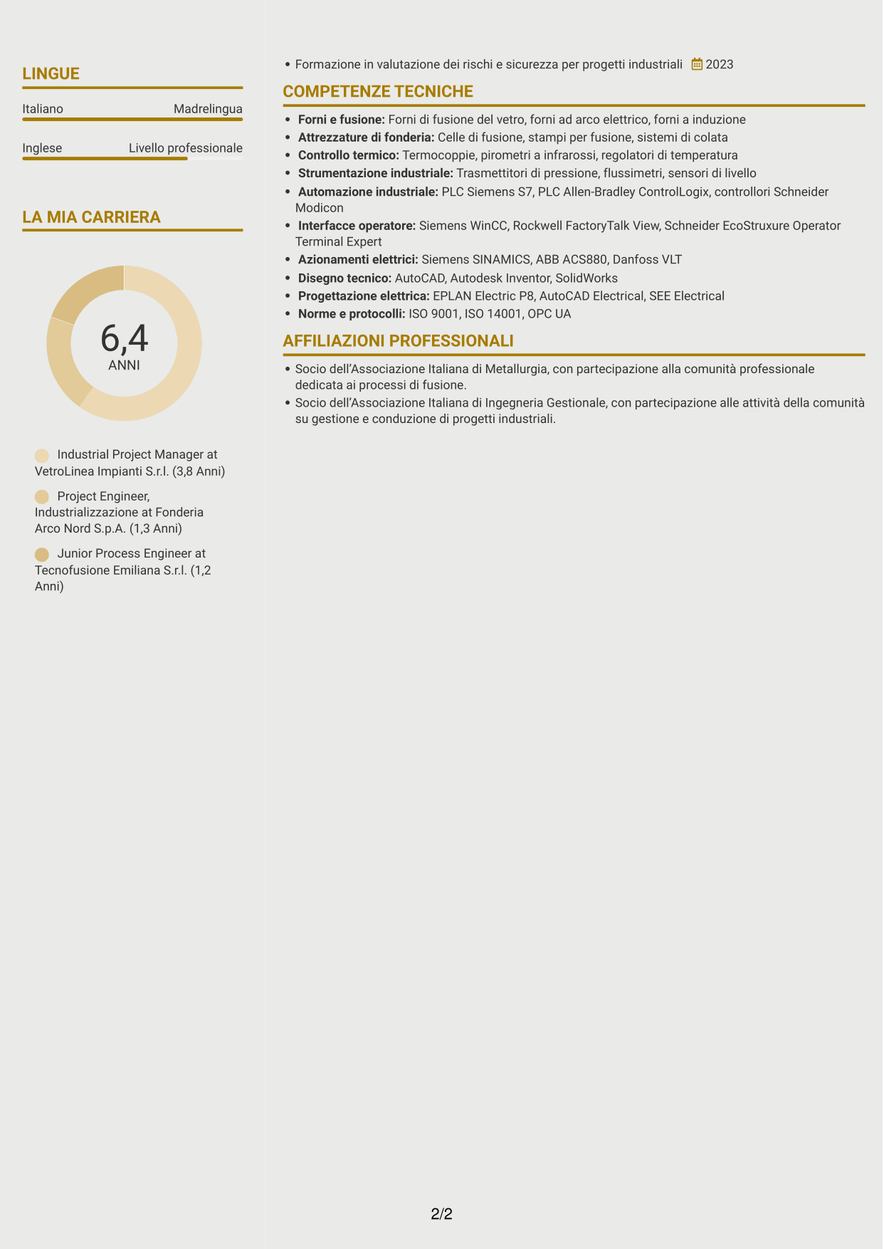 CV Dinamico (formato a due colonne con icone): Industrial Project Manager - Processi di fusione, pagina 2