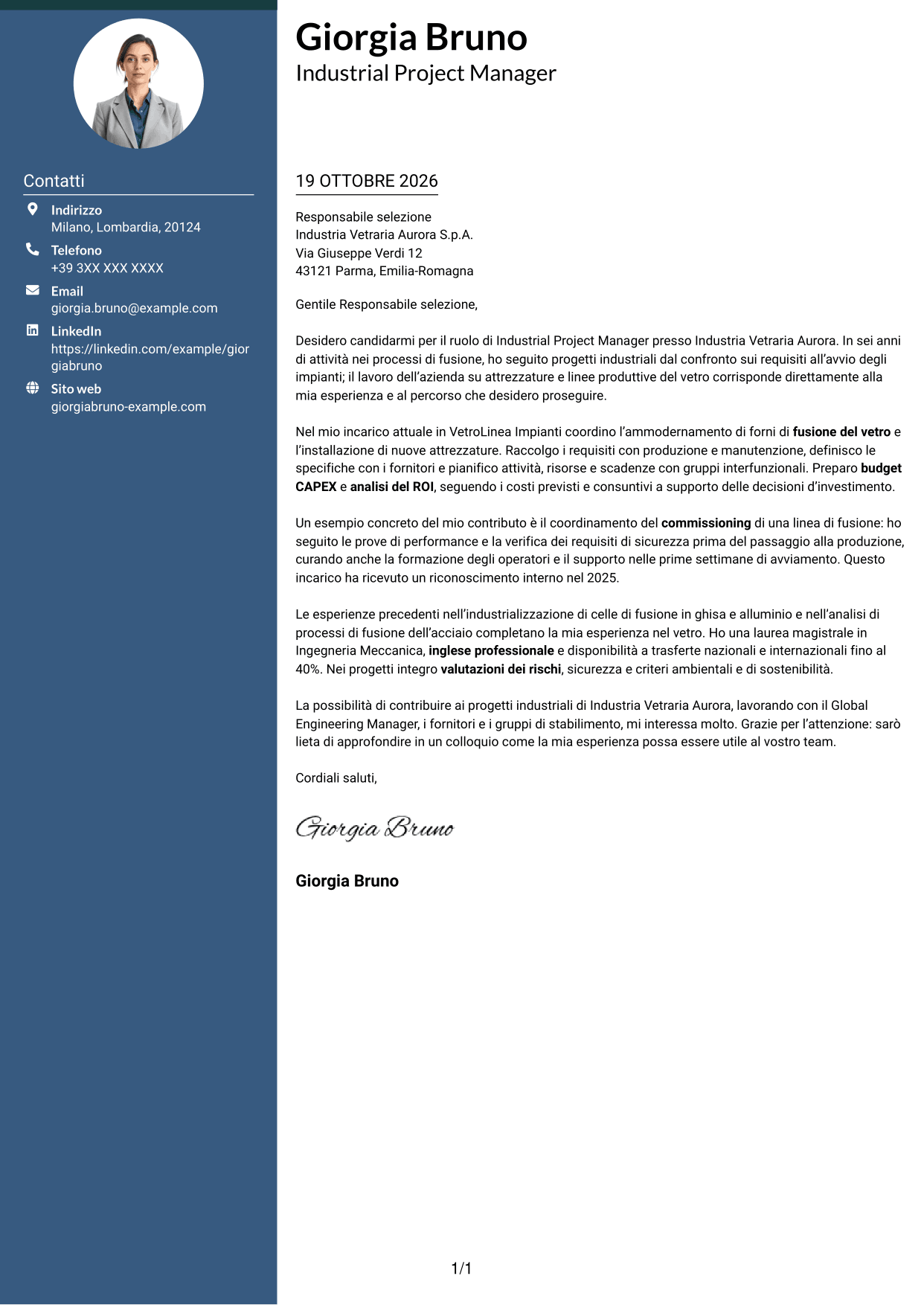 Lettera di presentazione Elegante (formato con colonna laterale colorata e foto): Industrial Project Manager - Processi di fusione, pagina 1