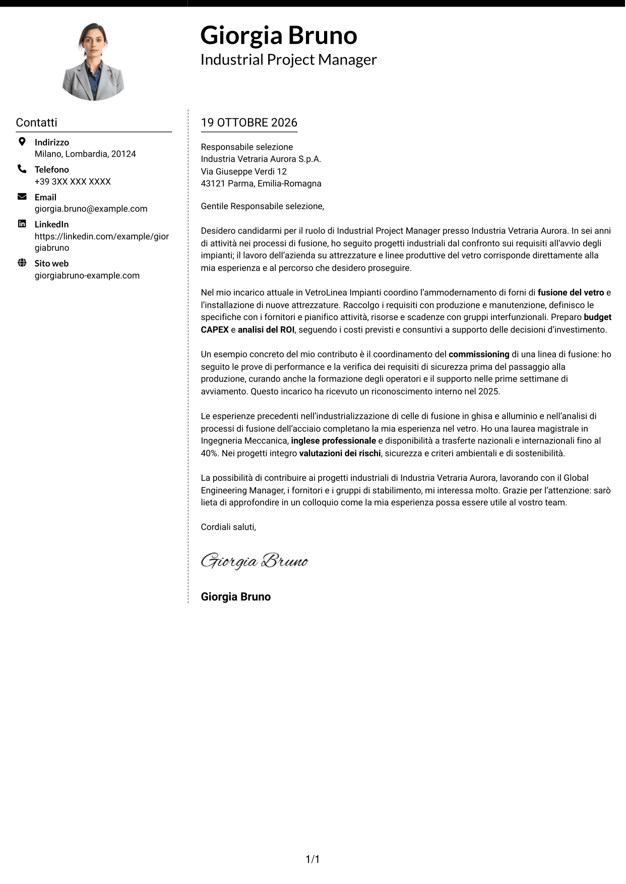 Lettera di presentazione Moderno (formato a due colonne con foto a sinistra e separatore): Industrial Project Manager - Processi di fusione, pagina 1