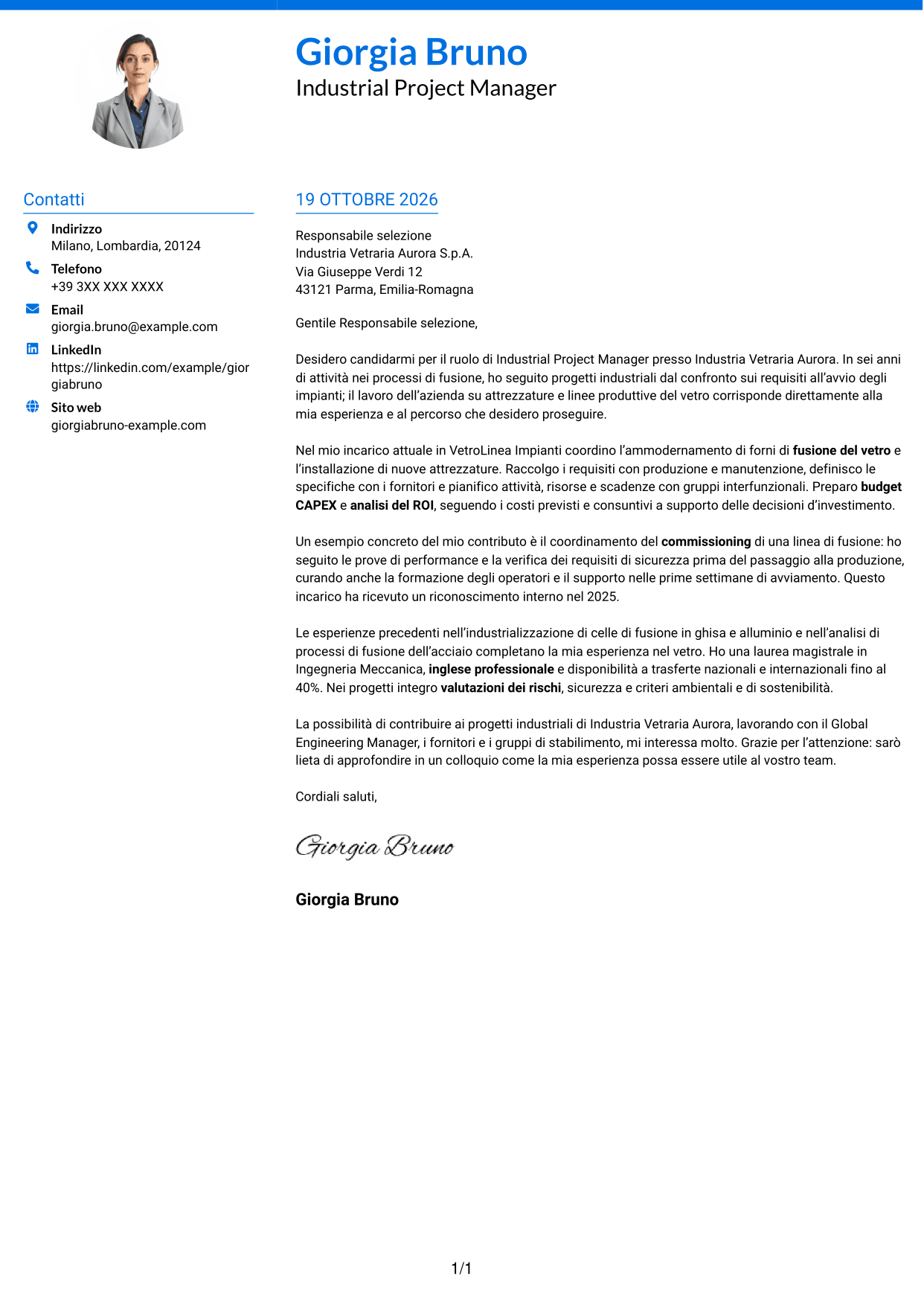 Lettera di presentazione Audace (formato a due colonne con accenti colorati e foto): Industrial Project Manager - Processi di fusione, pagina 1