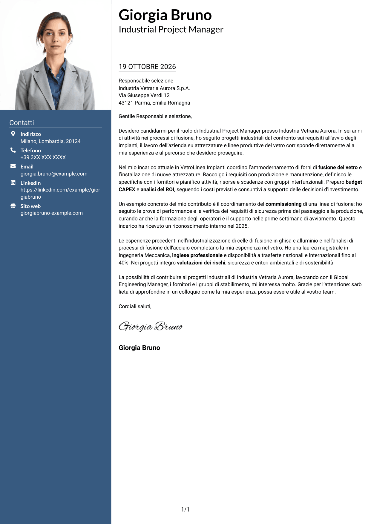 Lettera di presentazione Signature (formato con colonna laterale colorata e foto grande): Industrial Project Manager - Processi di fusione, pagina 1