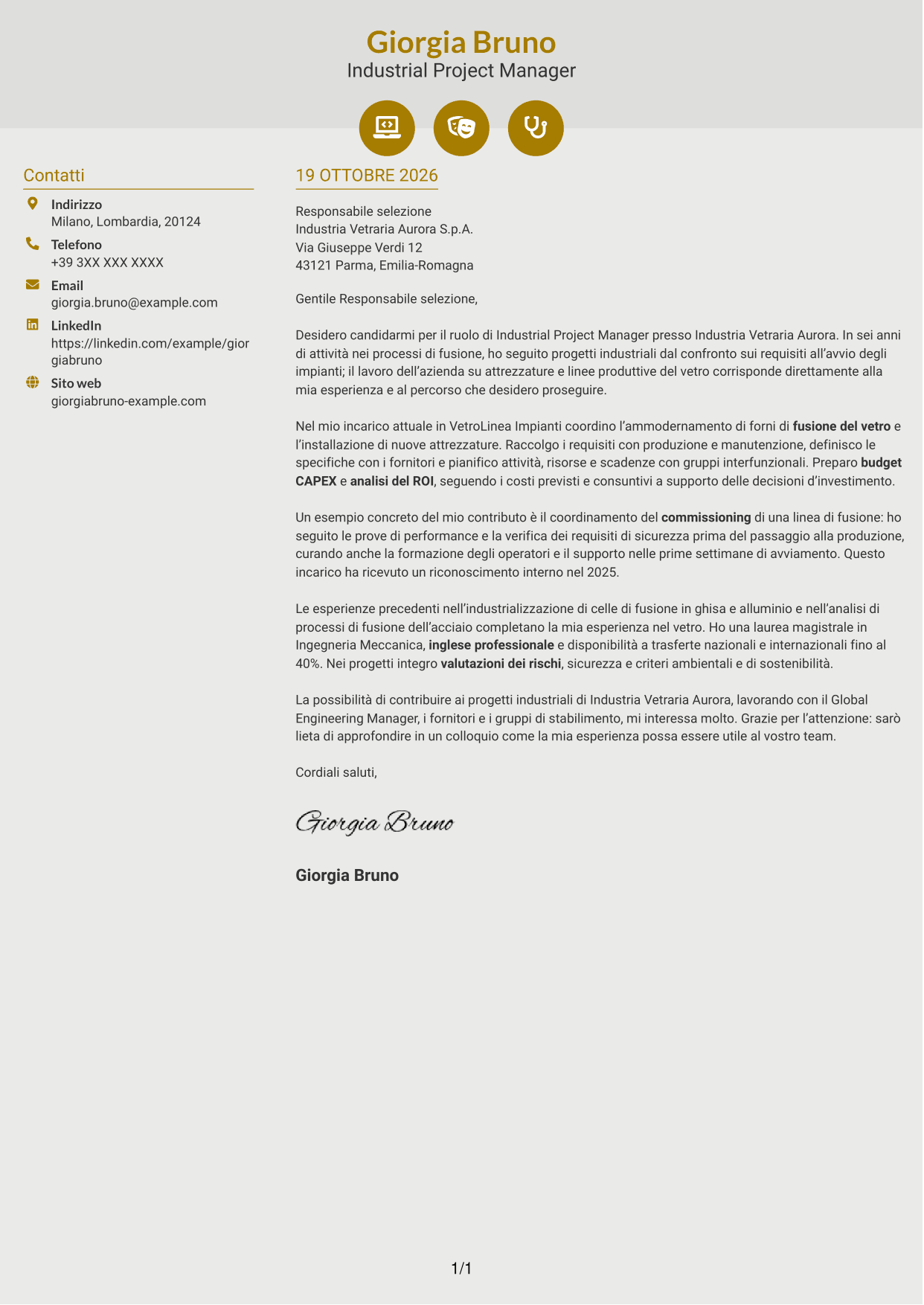 Lettera di presentazione Dinamico (formato a due colonne con icone): Industrial Project Manager - Processi di fusione, pagina 1