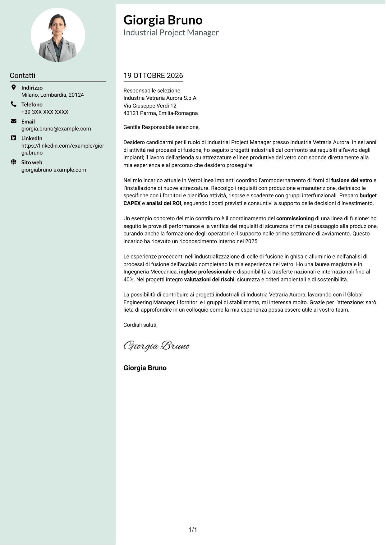 Lettera di presentazione Dirigente (formato con colonna laterale tenue e foto arrotondata): Industrial Project Manager - Processi di fusione, pagina 1