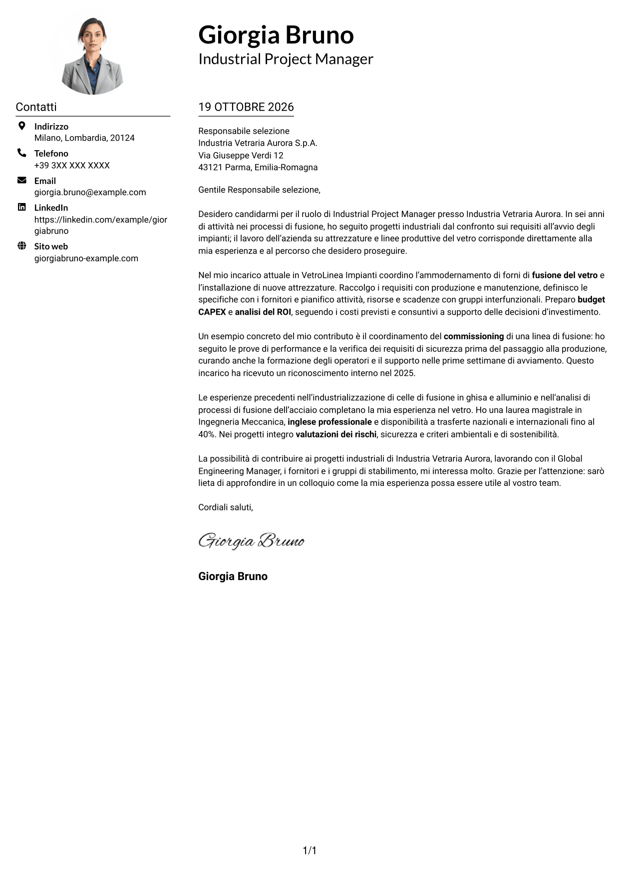 Esempio di lettera di presentazione — pagina 1