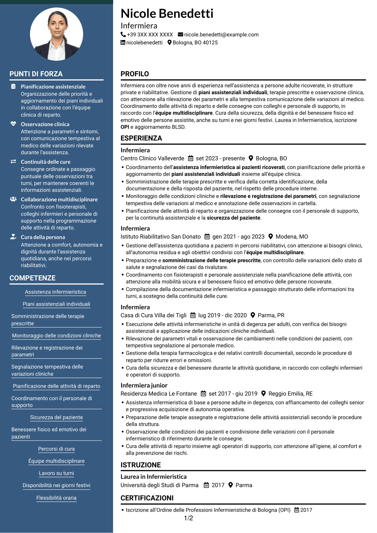 CV Elegante (formato con colonna laterale colorata e foto): Infermiere - Assistenza clinica, pagina 1