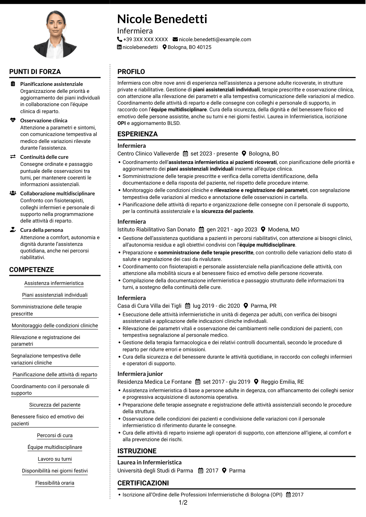 CV Moderno (formato a due colonne con foto a sinistra e separatore): Infermiere - Assistenza clinica, pagina 1