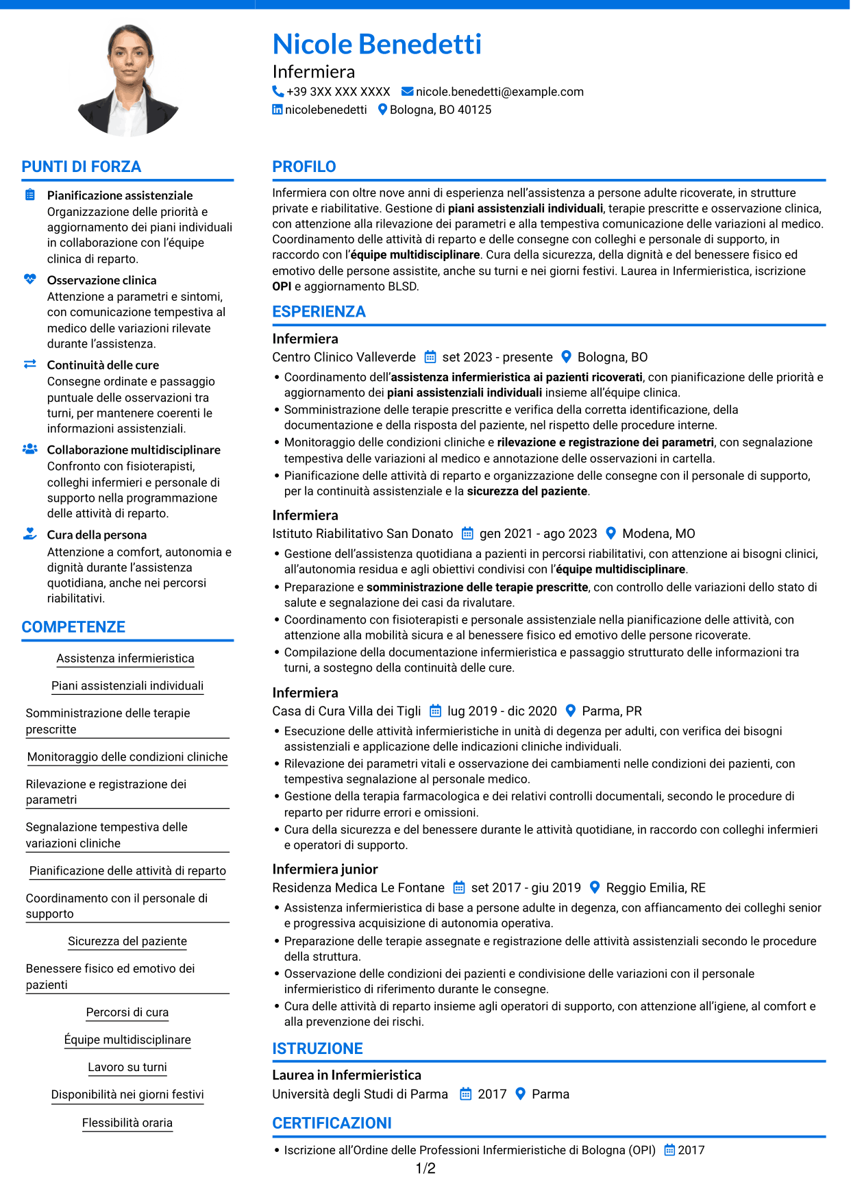 CV Audace (formato a due colonne con accenti colorati e foto): Infermiere - Assistenza clinica, pagina 1