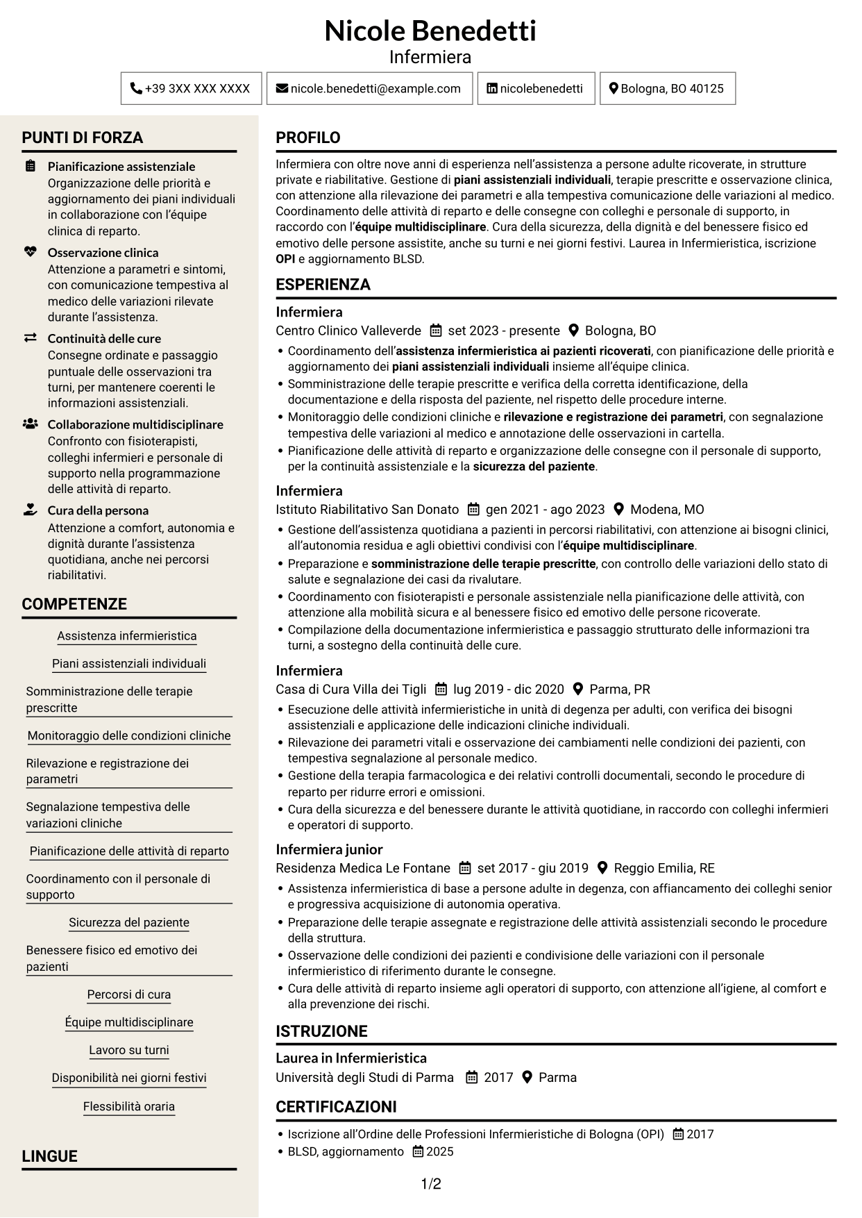CV Intraprendente (formato a due colonne con intestazione centrata senza foto): Infermiere - Assistenza clinica, pagina 1